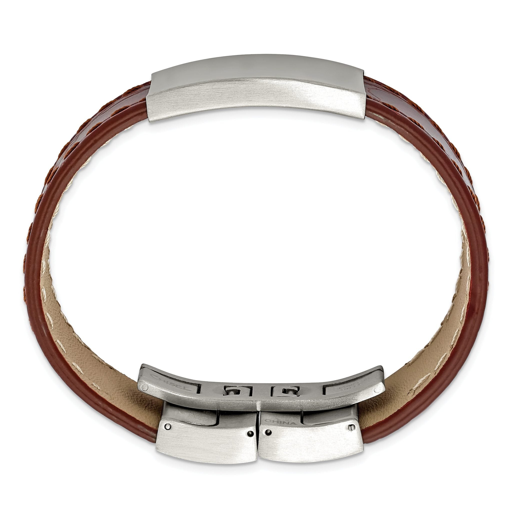 Stainless Steel Brushed Medium Brown Leather ID Bracelet for Men