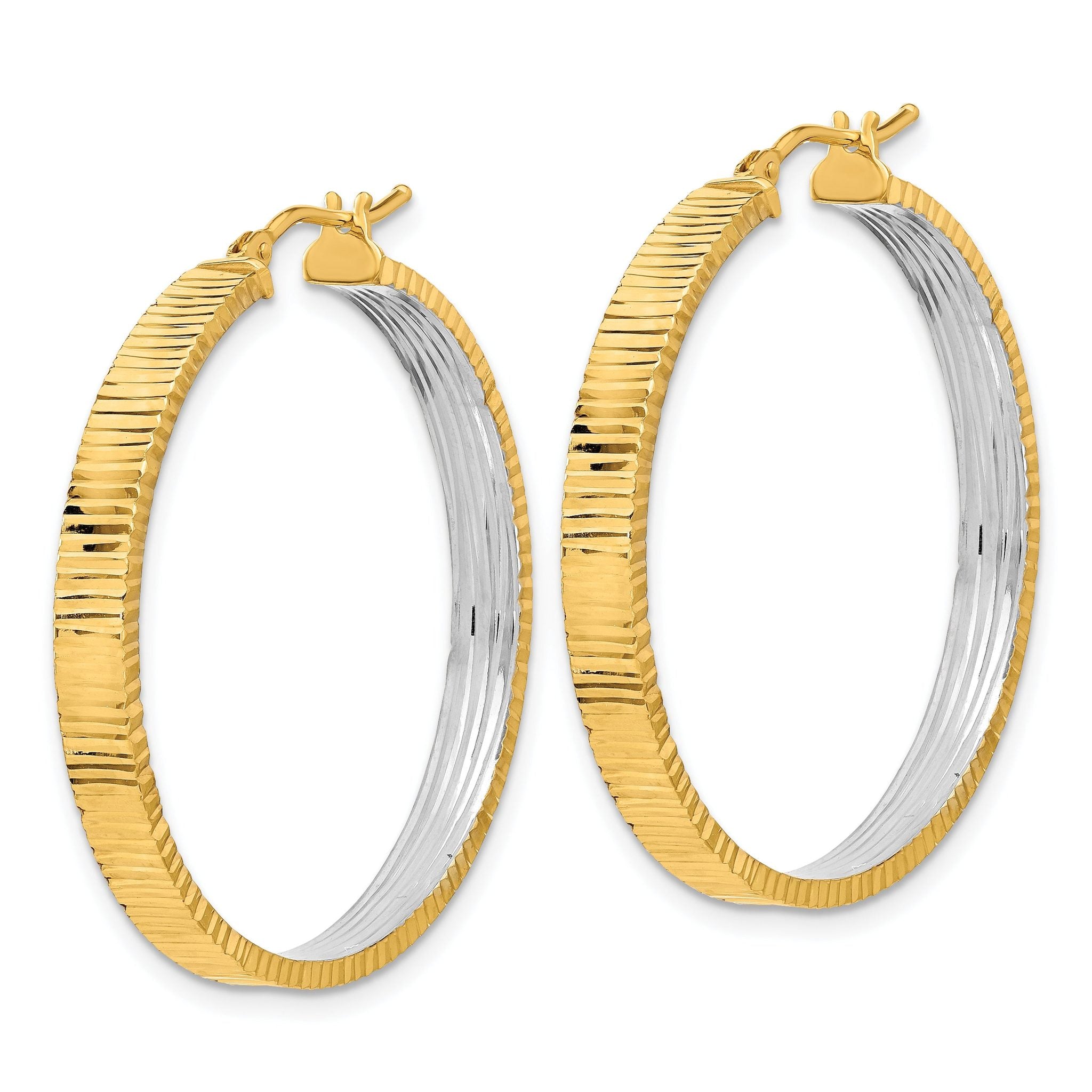 14K Polished and Rhodium Diamond-cut Circle Hoop Earrings Secondary image