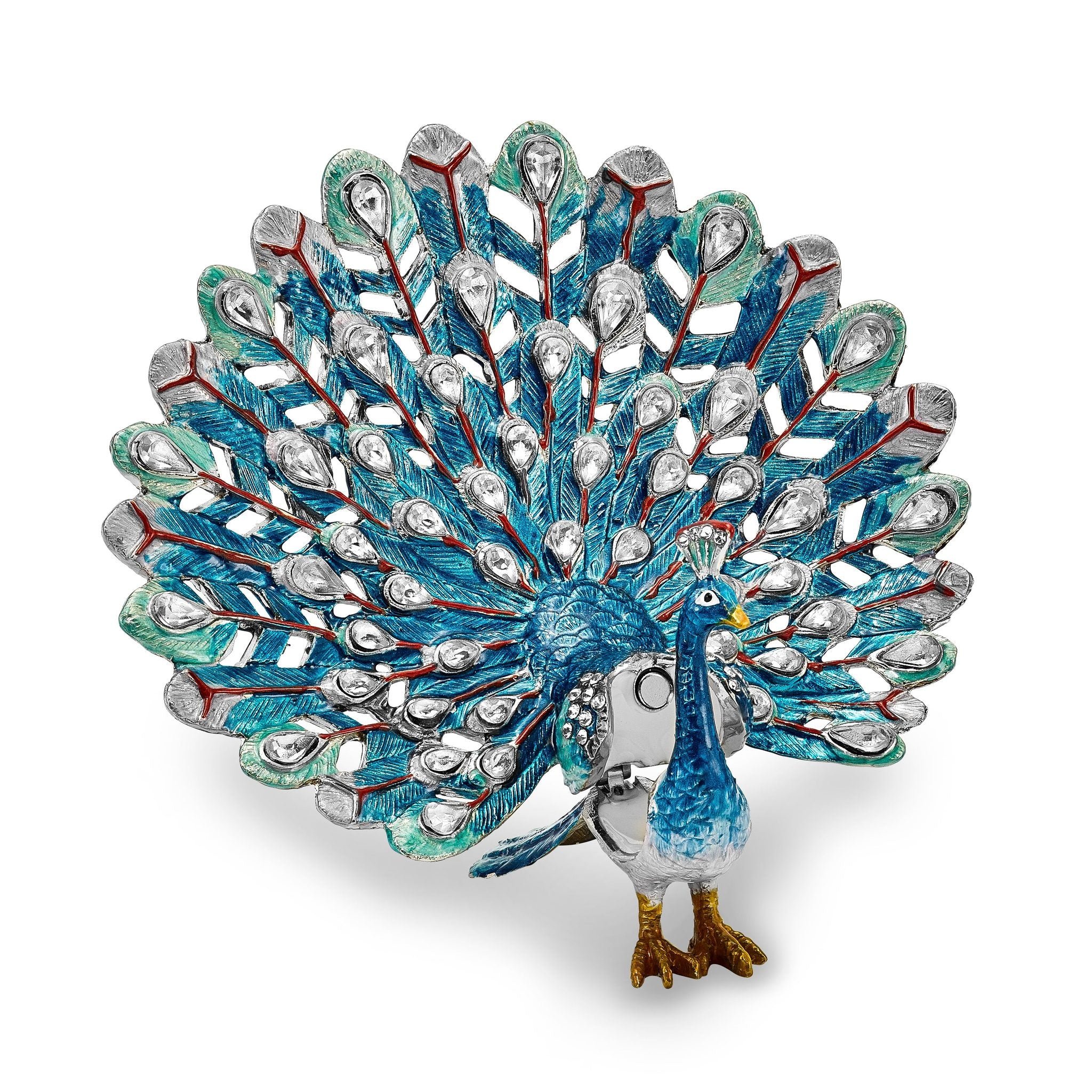 Luxury Giftware Pewter Bejeweled Crystals Silver-tone Enameled IRIDESCENCE Blue Peacock Trinket Box with Matching 18 Inch Necklace Secondary image