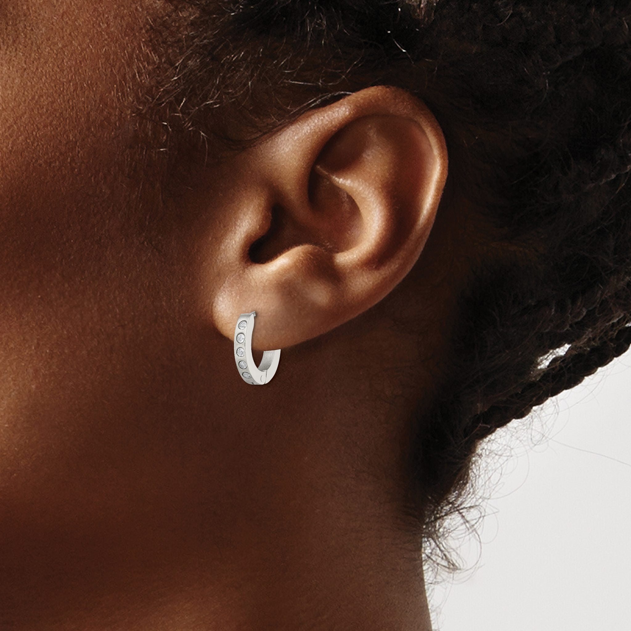 Stainless Steel Polished & Brushed Hinged Cubic Zirconia Huggie Hoop Earrings