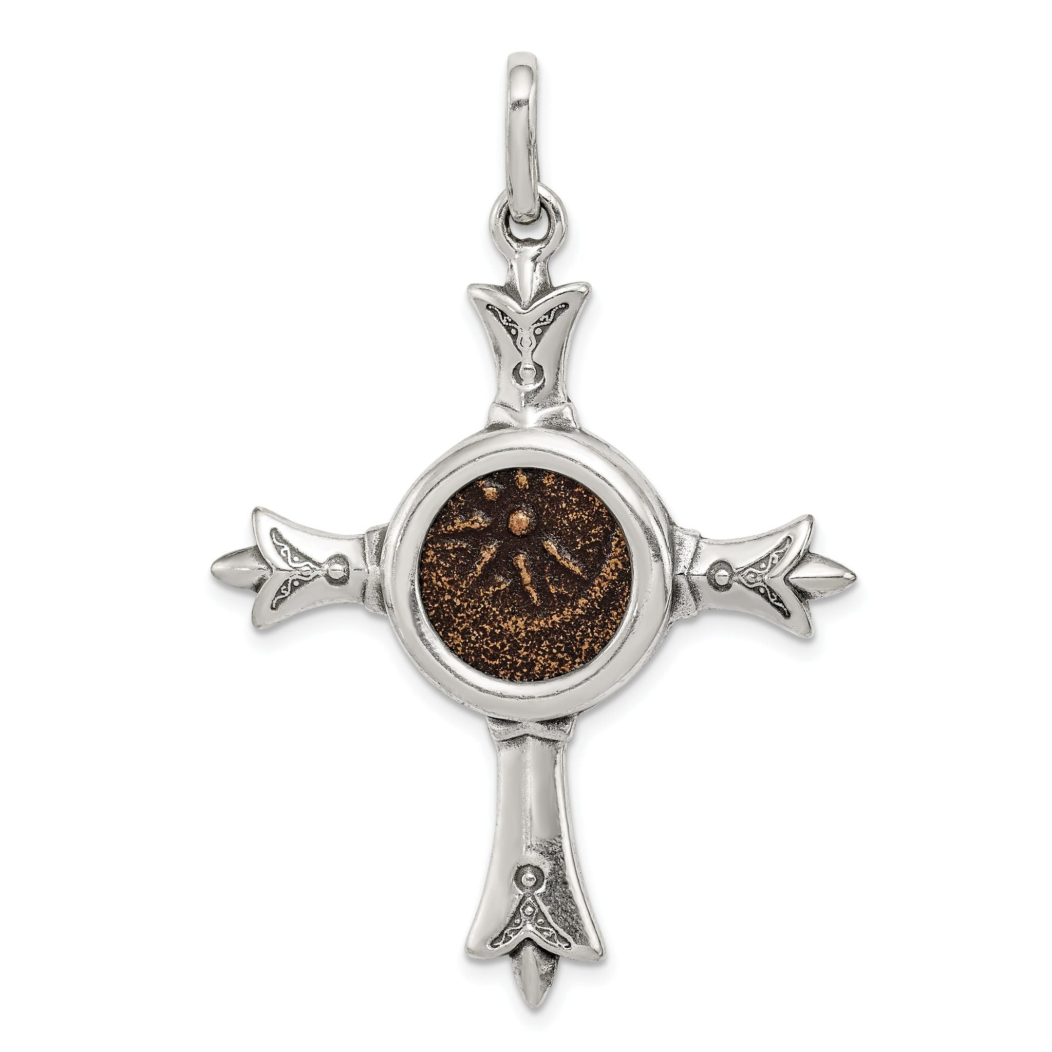 Ancient Coins Sterling Silver and Bronze Antiqued Widow's Mite Coin Cross Pendant with a Certificate of Authenticity Main image
