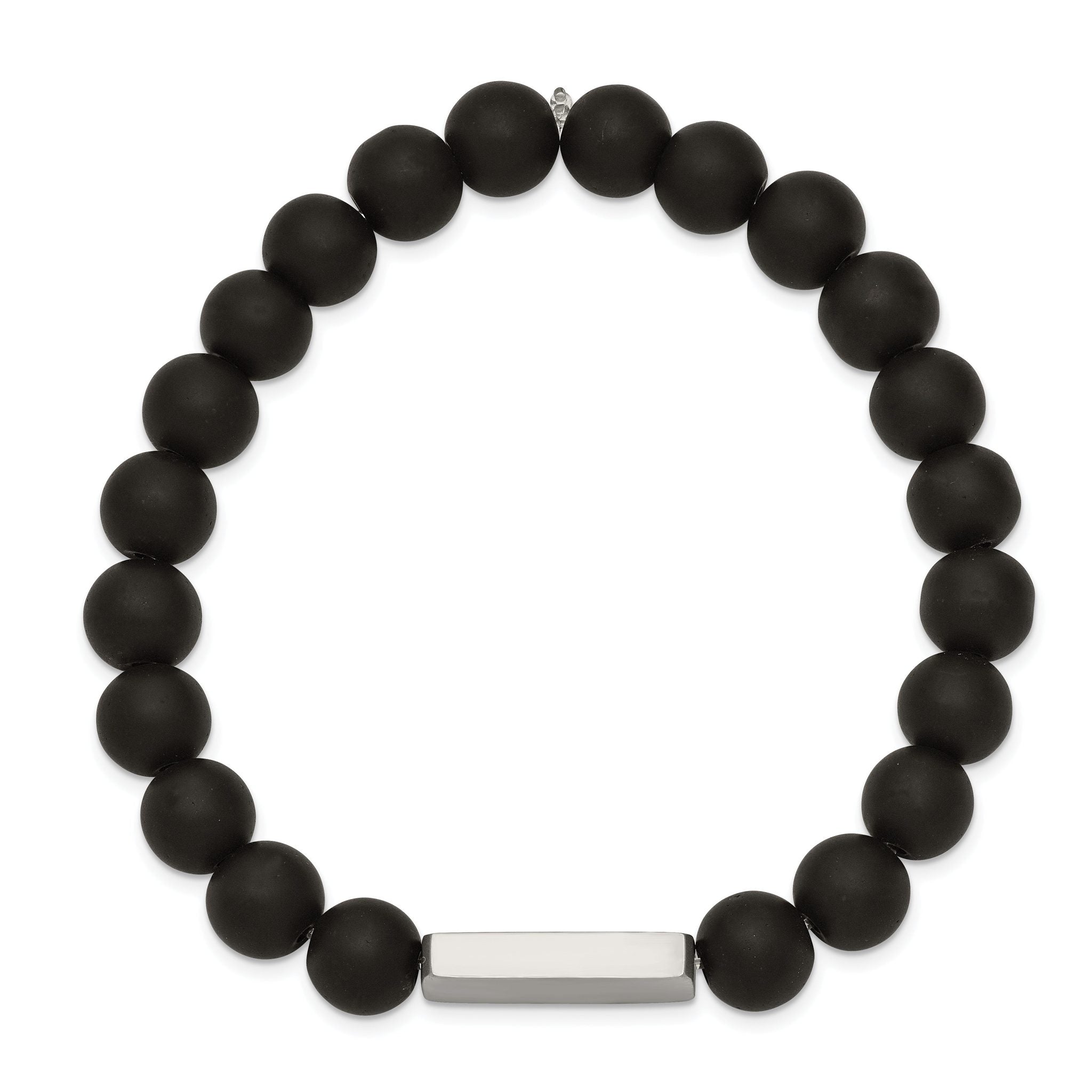 Stainless Steel Polished ID Plate 8mm Black Agate Beaded Stretch Bracelet Secondary image