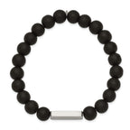 Stainless Steel Polished ID Plate 8mm Black Agate Beaded Stretch Bracelet