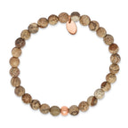 Stainless Steel Polished Rose IP-plated 6mm Brown Jasper Beaded Stretch Bracelet for Women