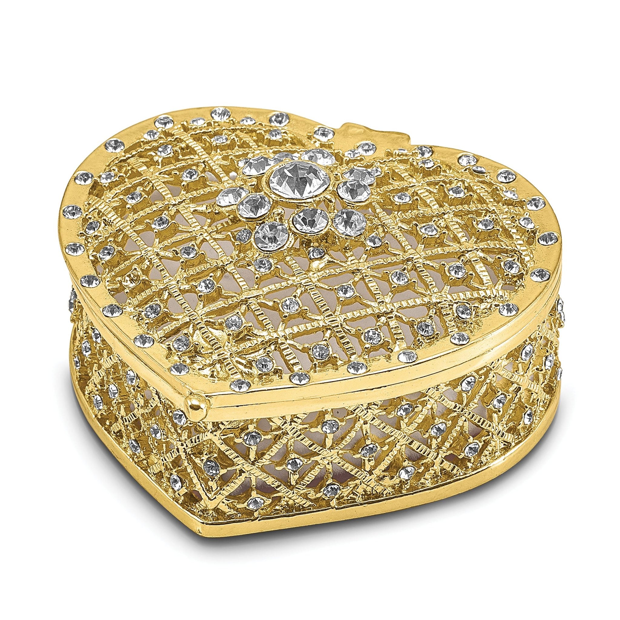 Luxury Giftware Pewter Bejeweled Crystals Gold-tone Enameled ROMANCE Filigree Heart With Ring Pad Trinket Box with Matching 18 Inch Necklace Main image