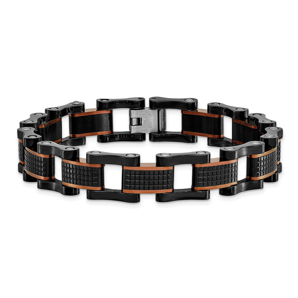 Stainless Steel Polished and Textured Black and Brown IP-plated Open Link Bracelet for Men