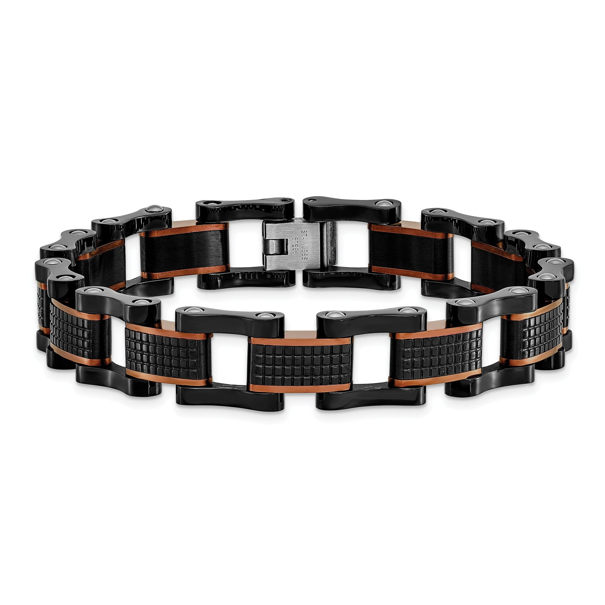 Stainless Steel Polished and Textured Black and Brown IP-plated Open Link Bracelet for Men