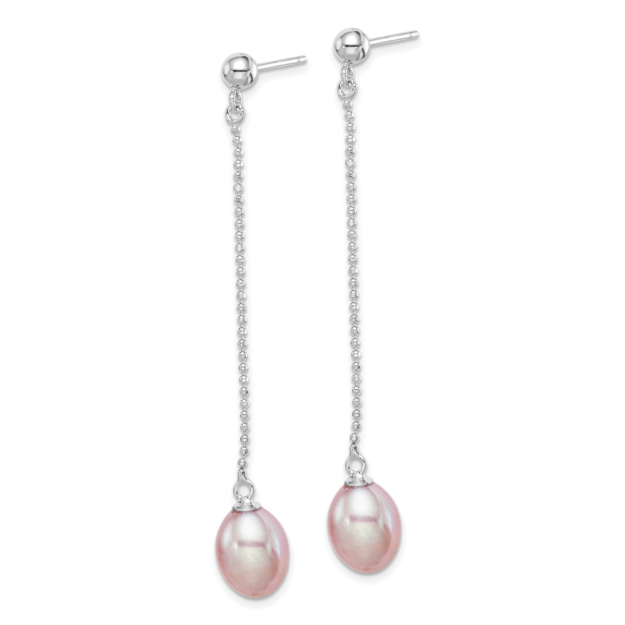 Sterling Silver Rhodium-plated Polished & Beaded Purple 7-8mm Freshwater Cultured Pearl Post Dangle Earrings Secondary image