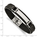Stainless Steel Polished Black Leather ID Bracelet for Men