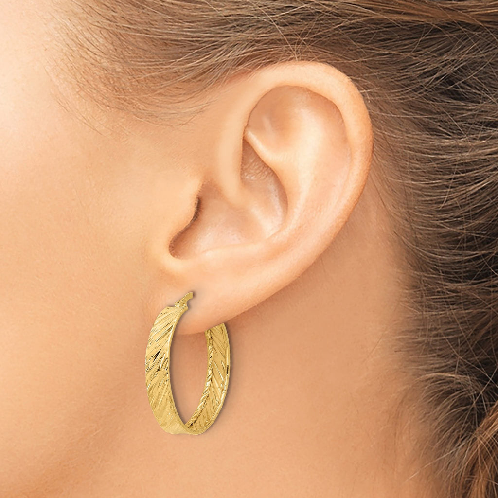 14K Polished and Textured Round Hoop Earrings