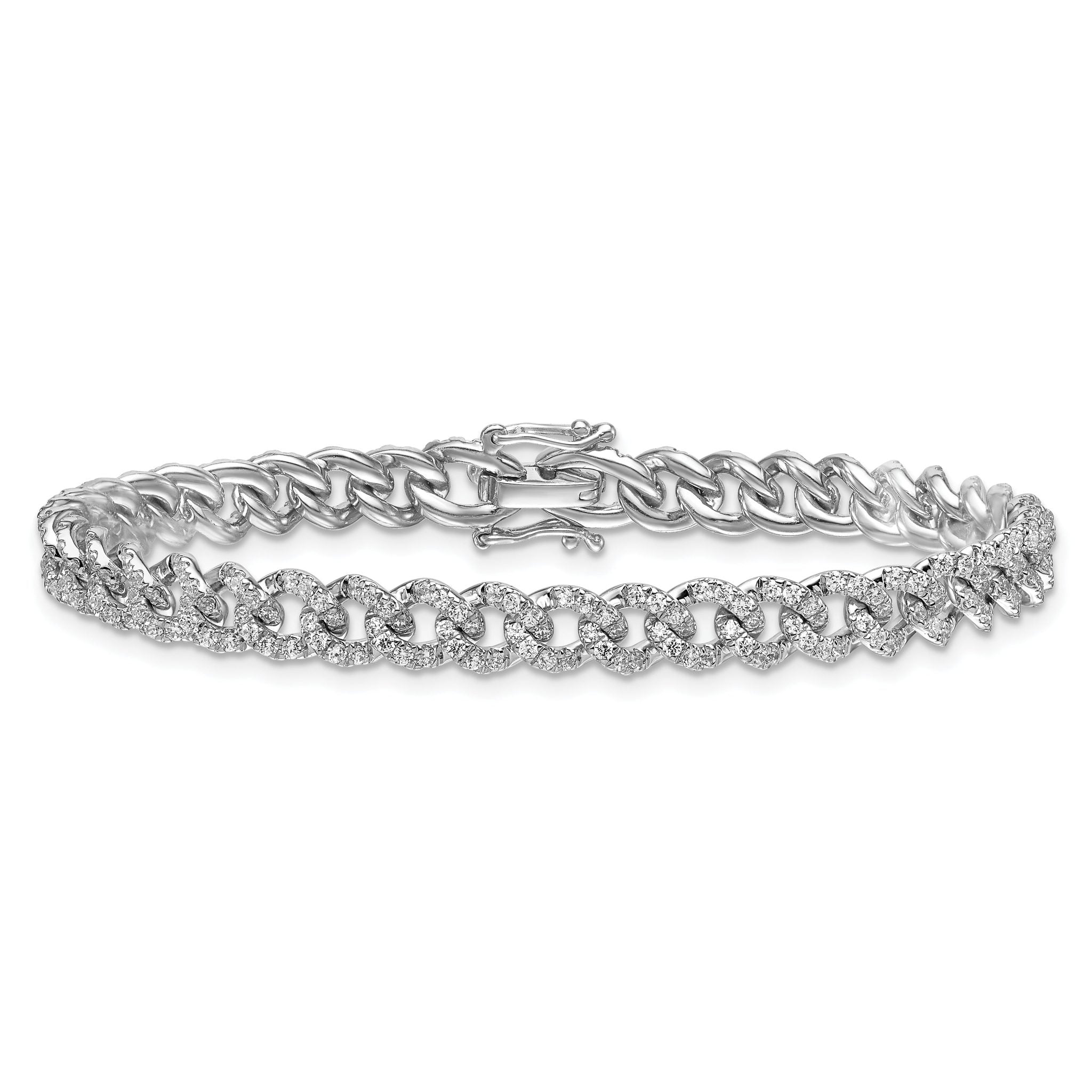 14K White Gold Polished Complete 2.6 carat Diamond Fancy Curb Link 7 inch Bracelet