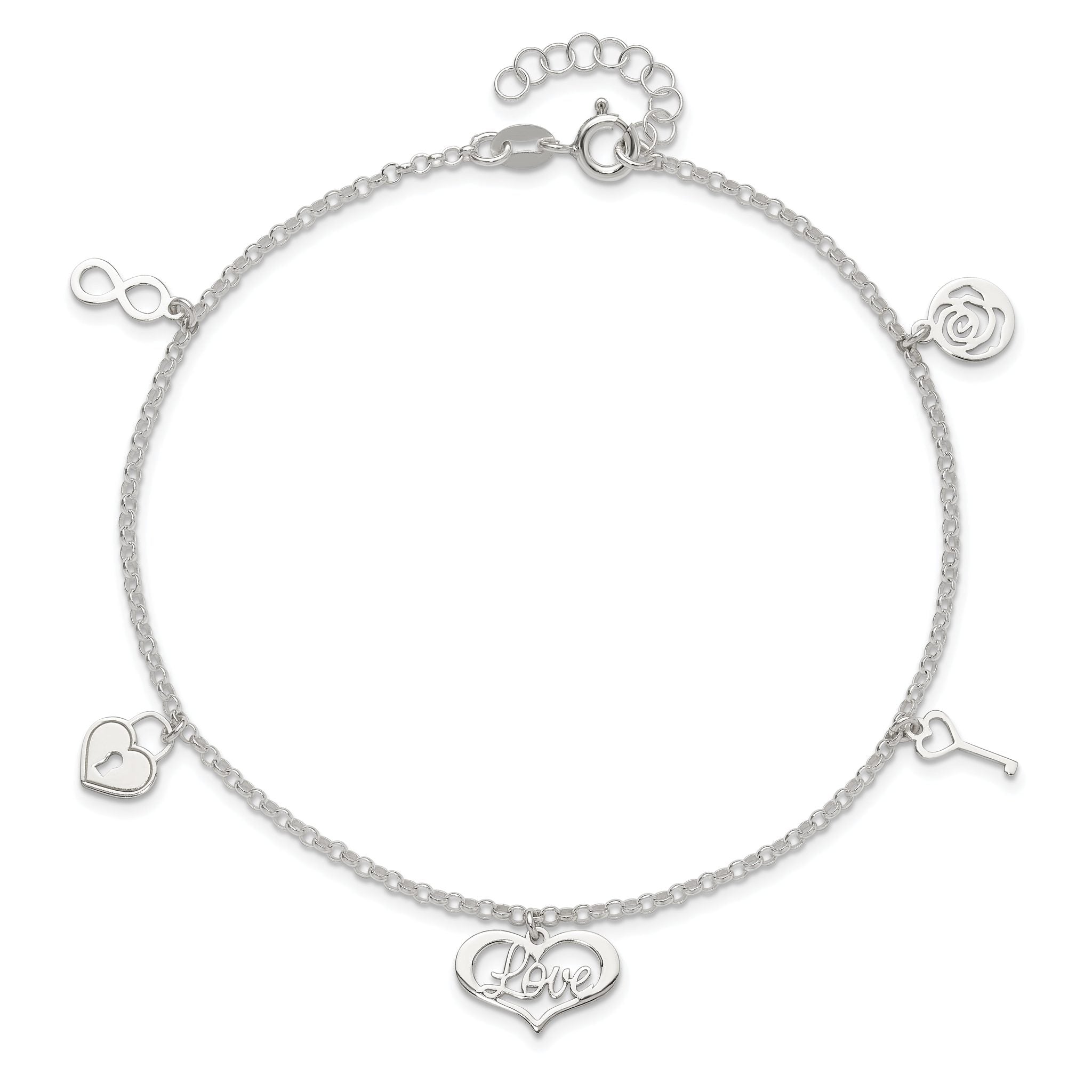 Sterling Silver Love Dangles 9 inch Plus 1 inch Extender - Total 10 inch Anklet