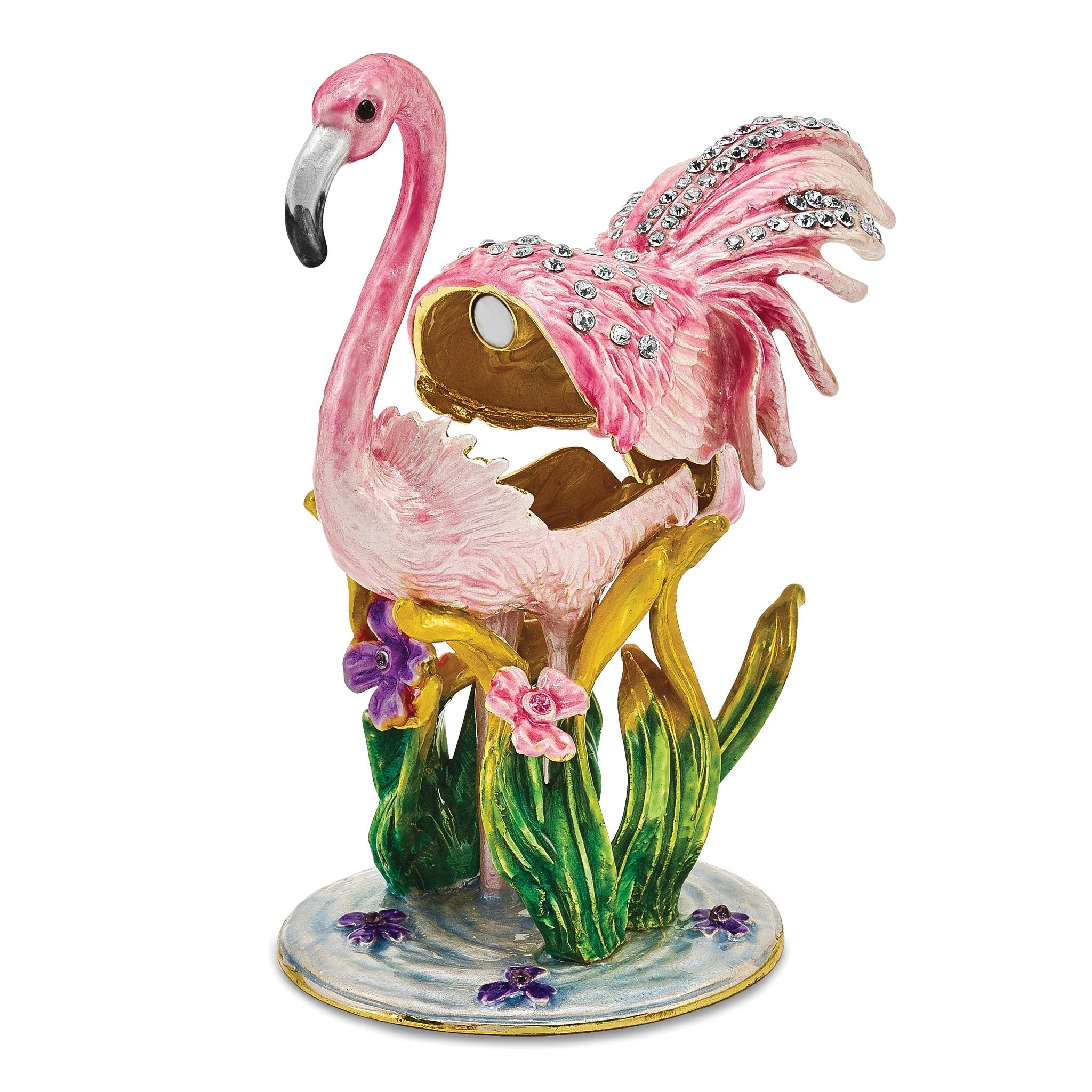 Luxury Giftware by Jere Pewter Bejeweled Crystals Gold-tone Enameled JEZEBEL Pink Flamingo Trinket Box with Matching 18 Inch Necklace Secondary image