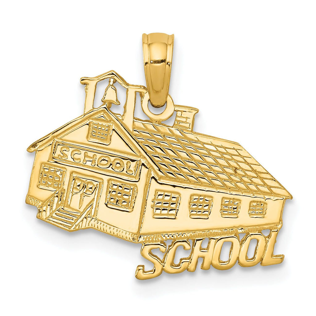 14K Gold School House Pendant with Polished Finish and Textured Back