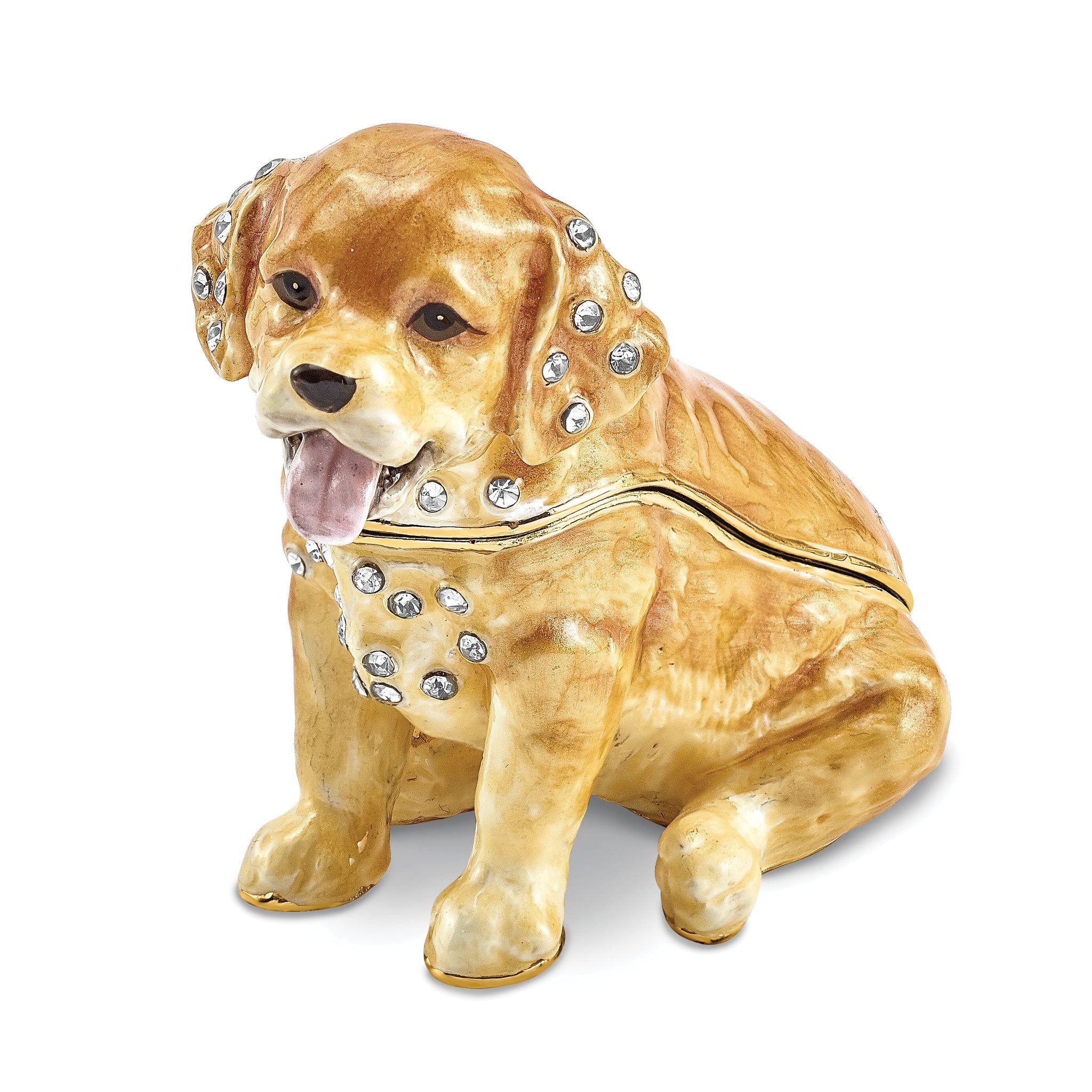 Luxury Giftware by Jere Pewter Bejeweled Crystals Gold-tone Enameled SASSY Golden Retriever Pup Trinket Box with Matching 18 Inch Necklace