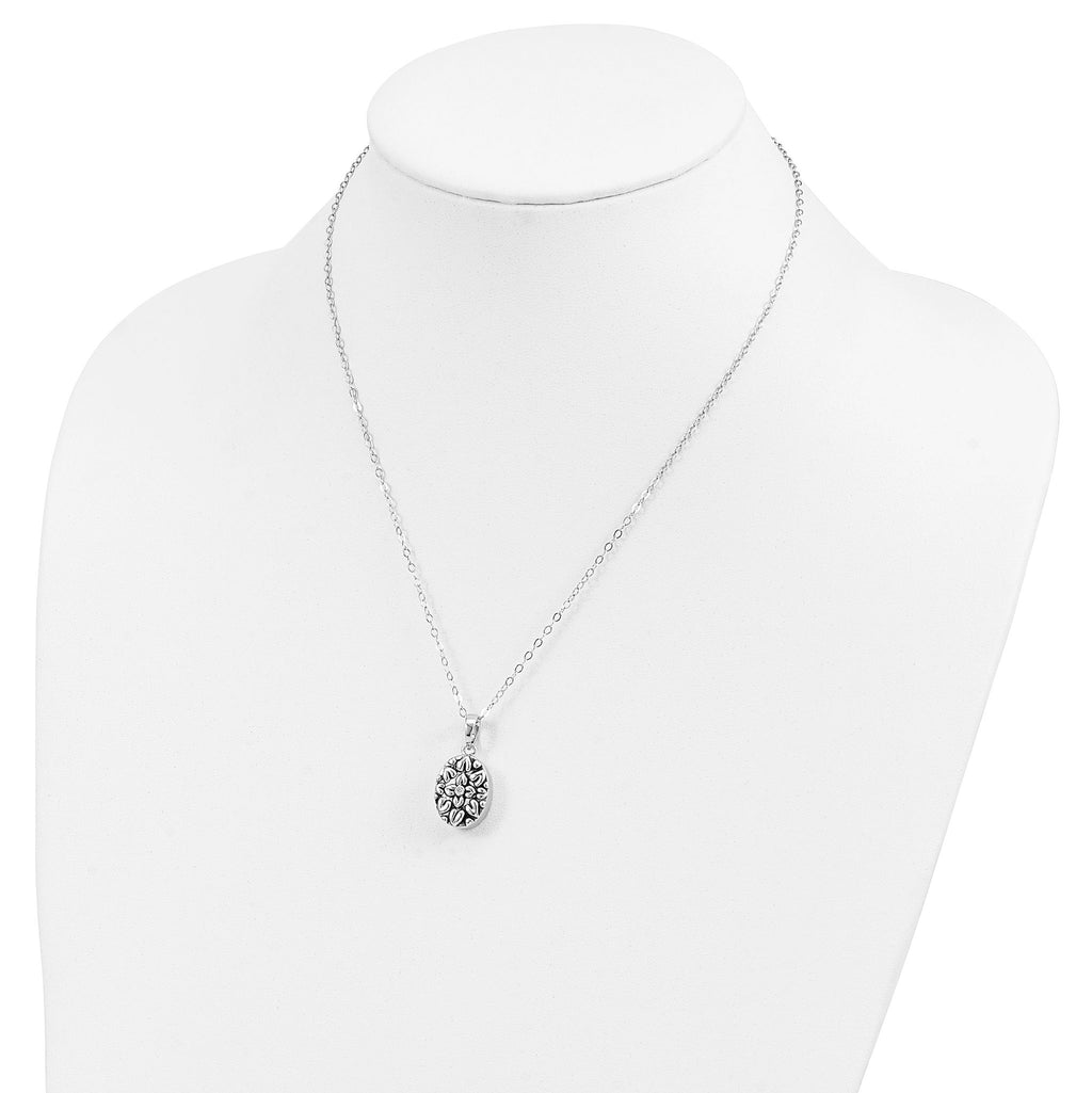 Sentimental Expressions Sterling Silver Rhodium-plated CZ Antiqued Flower Ash Holder 18 Inch Necklace