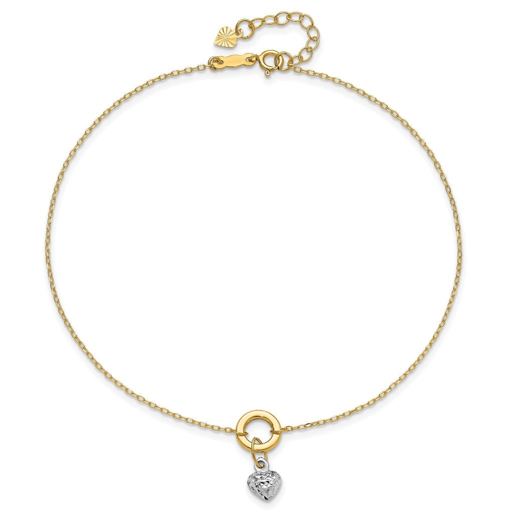 14K Two-tone Circle with Diamond-cut Puffed Heart Dangle 9 inch Plus 1 inch Extender - Total 10 inch