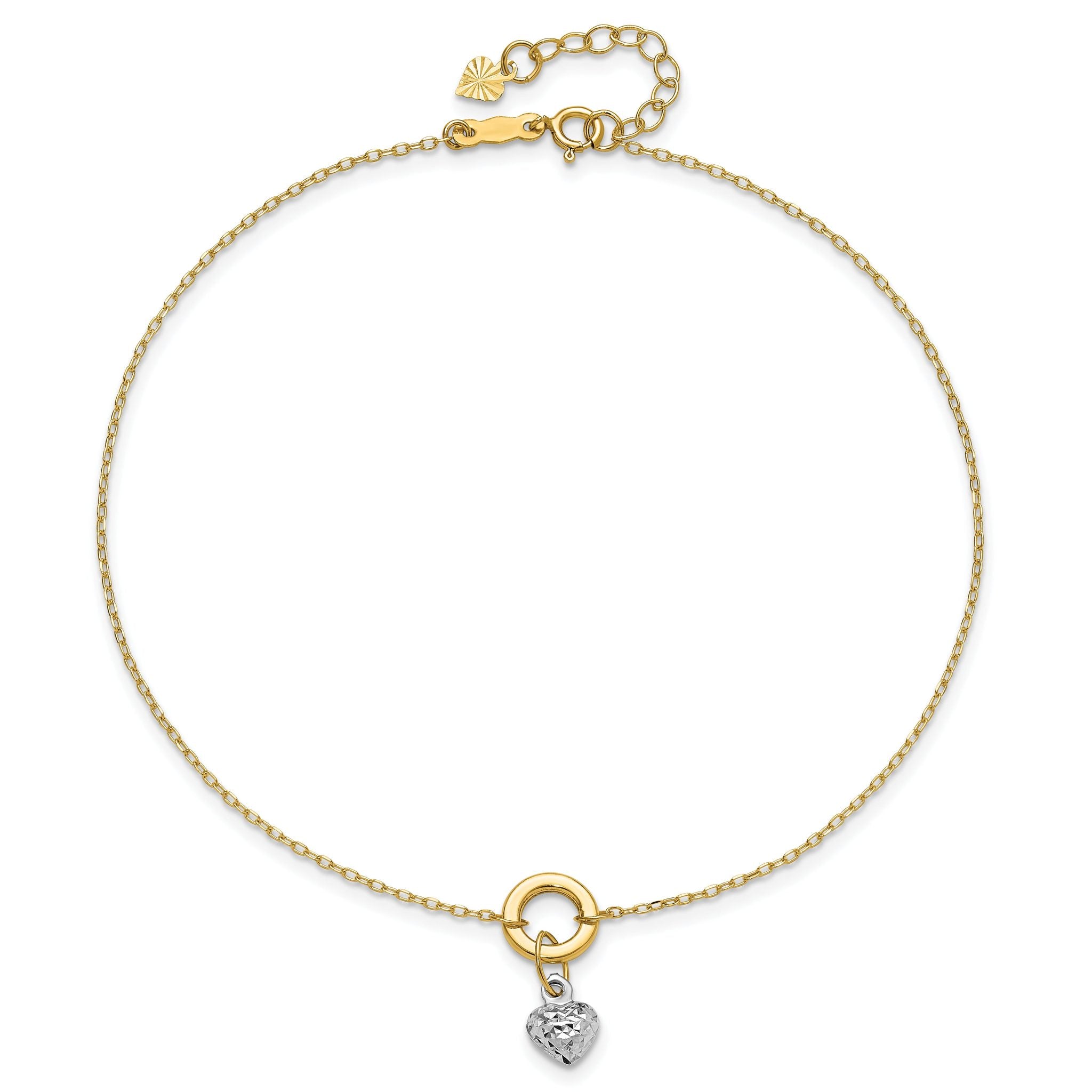 14K Two-tone Circle with Diamond-cut Puffed Heart Dangle 9 inch Plus 1 inch Extender - Total 10 inch