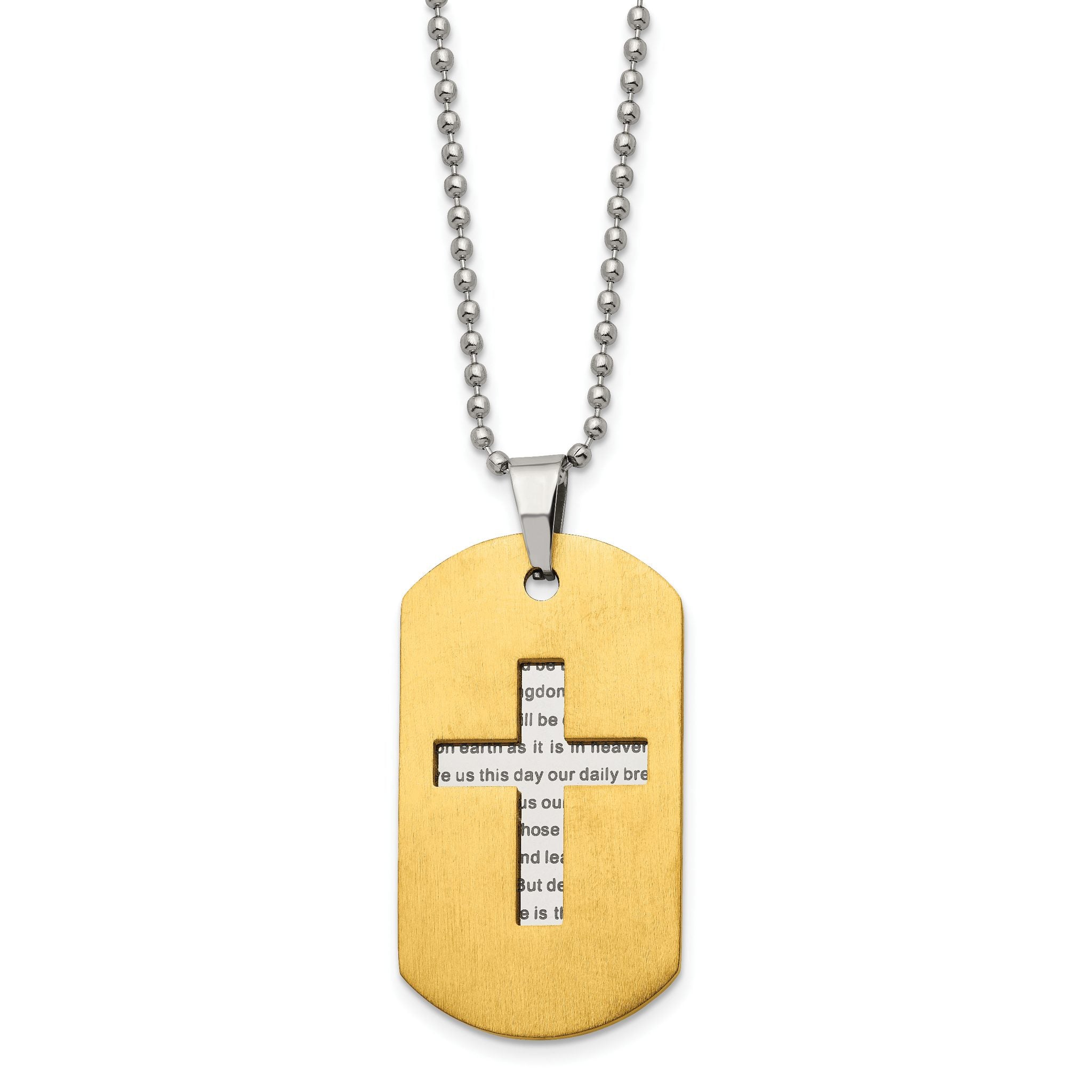 Chisel Stainless Steel Brushed and Polished Yellow IP-plated 2 Piece Prayer Cross Dog Tag on a 22 inch Ball Chain Necklace