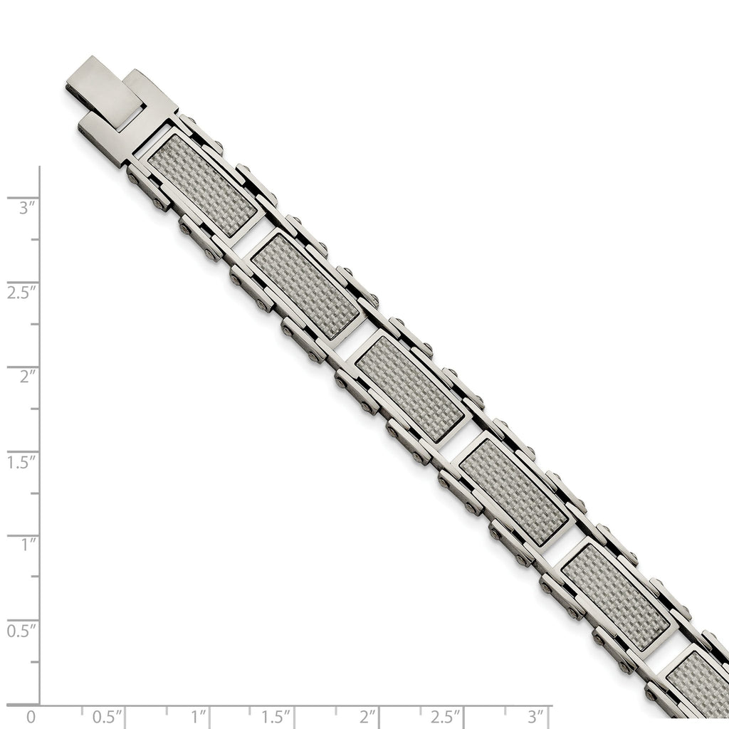 Stainless Steel Polished with Grey Carbon Fiber Inlay Link Bracelet for Men