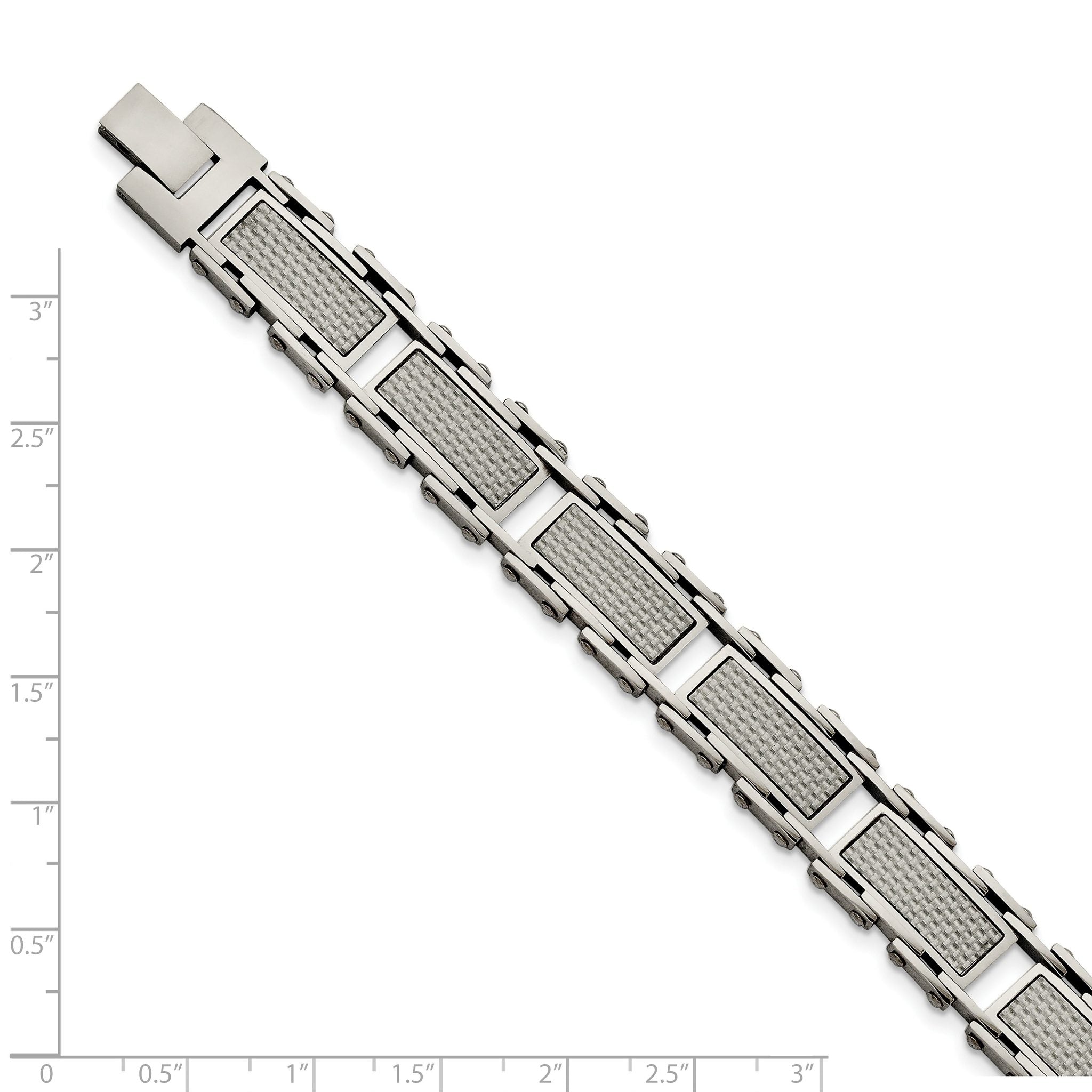 Stainless Steel Polished with Grey Carbon Fiber Inlay Link Bracelet for Men