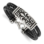 Stainless Steel Antiqued and Polished Fleur de Lis 2 Strand Black Braided Leather Bracelet for Men