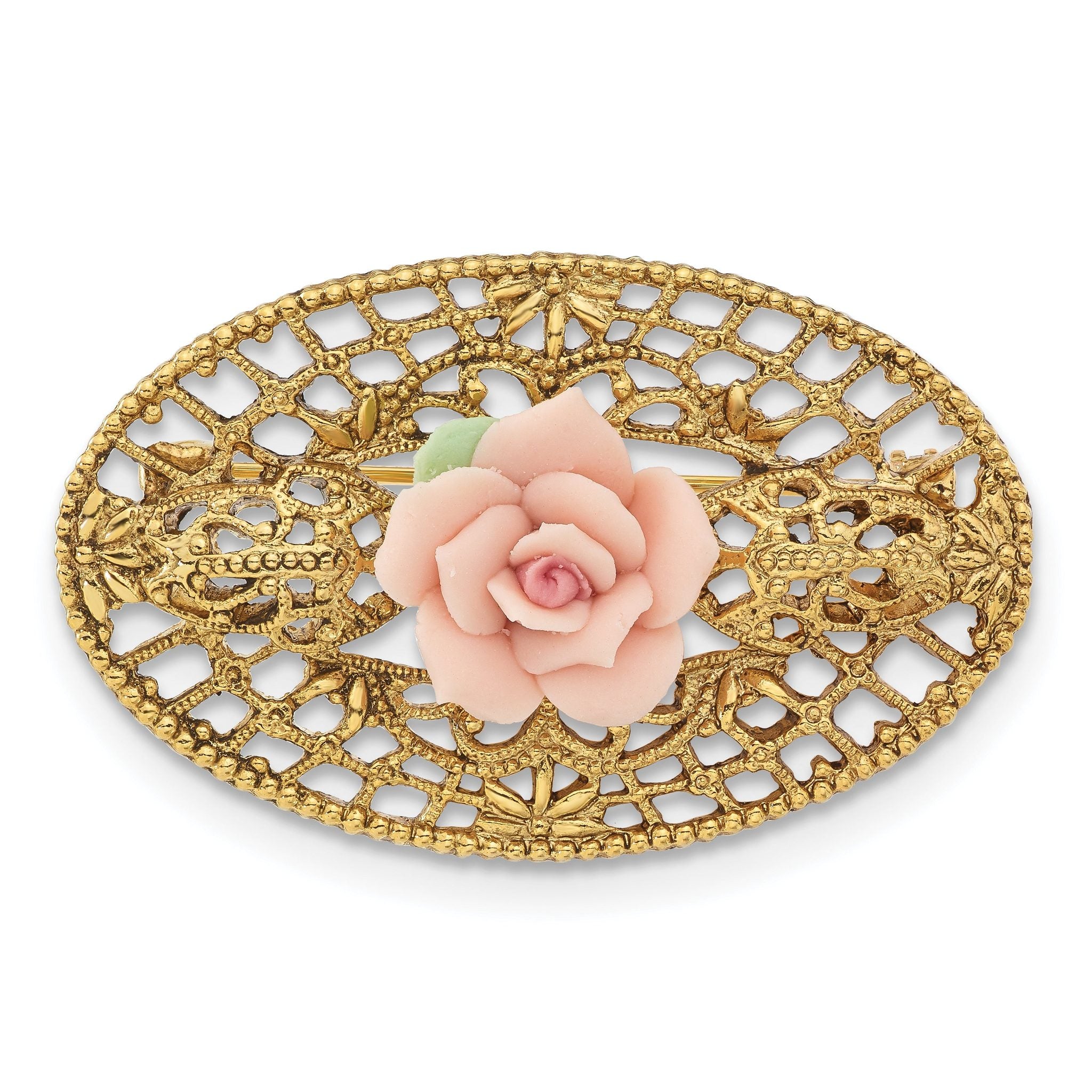 1928 Jewelry Gold-tone Filigree Pink Rose Porcelain Flower Pin Brooch Main image