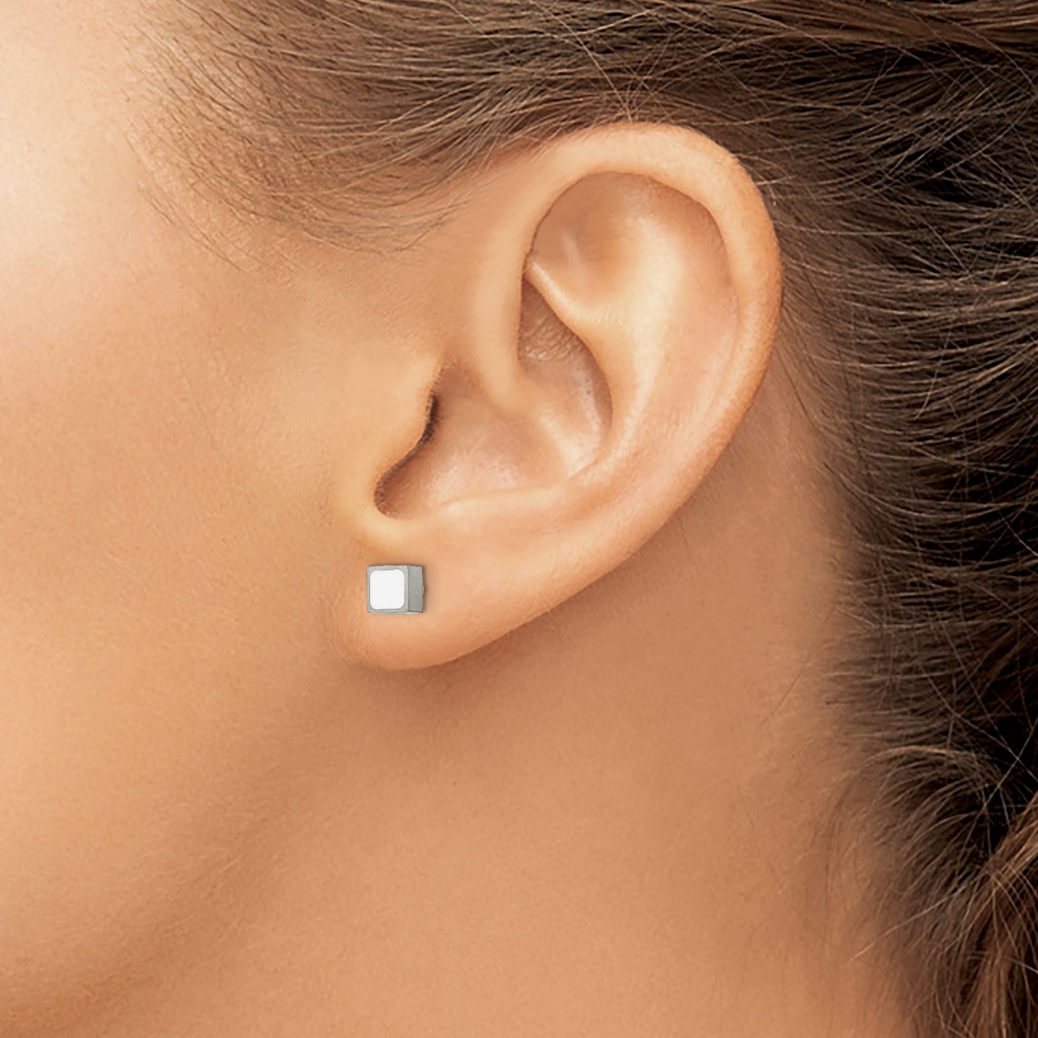 Titanium Enamel Brushed Square Cubic Zirconia Button Earrings