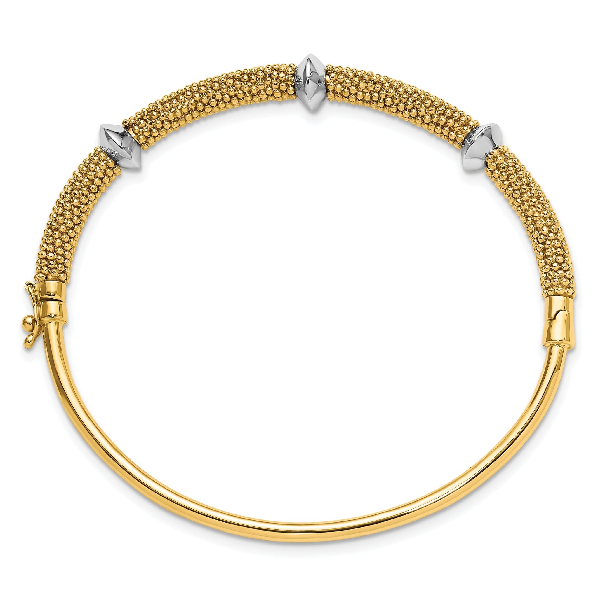 14K Two-tone Polished and Textured Hinged Bangle Secondary image