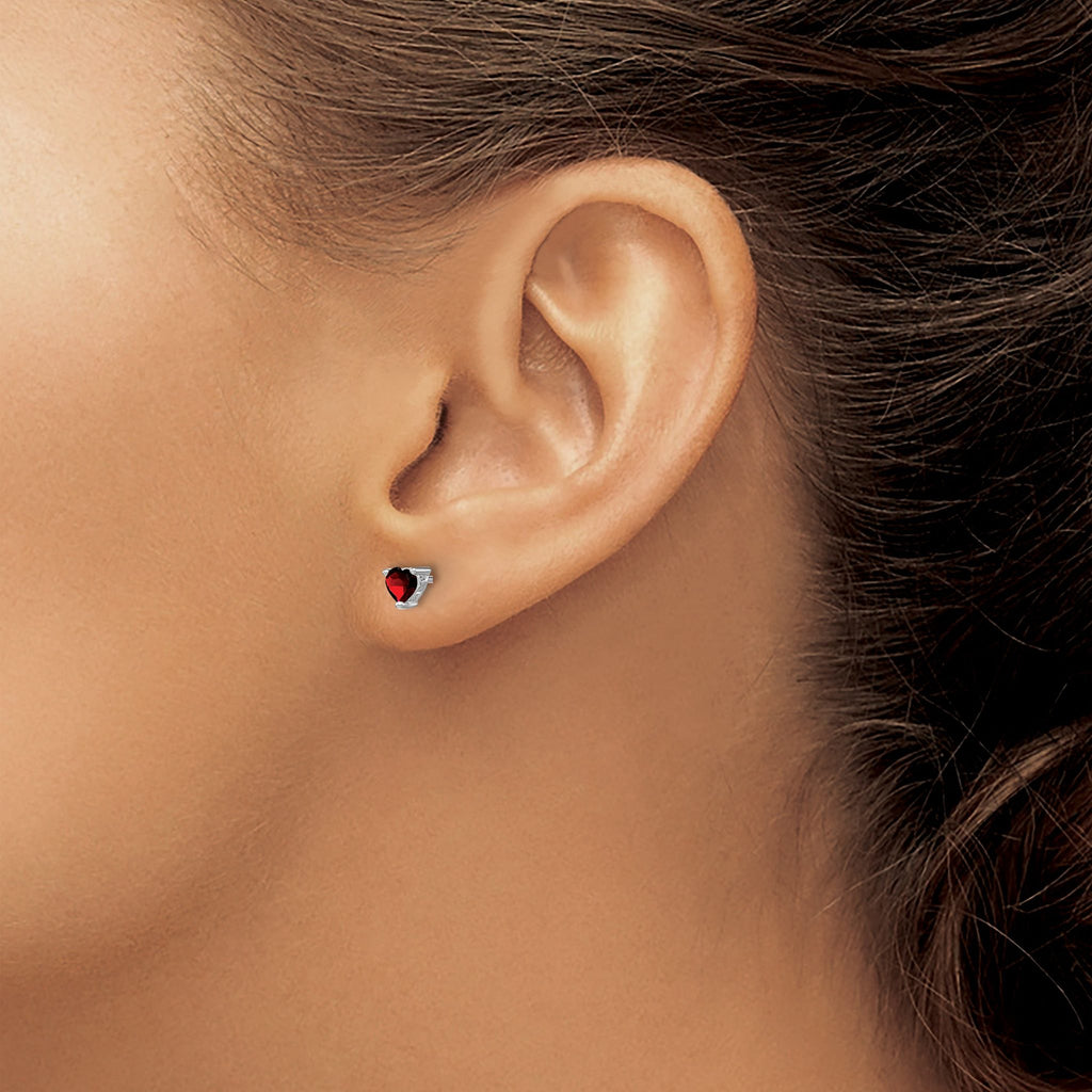 Sterling Silver 925 Garnet Heart Stud Earrings Rhodium-Plated Polished Finish
