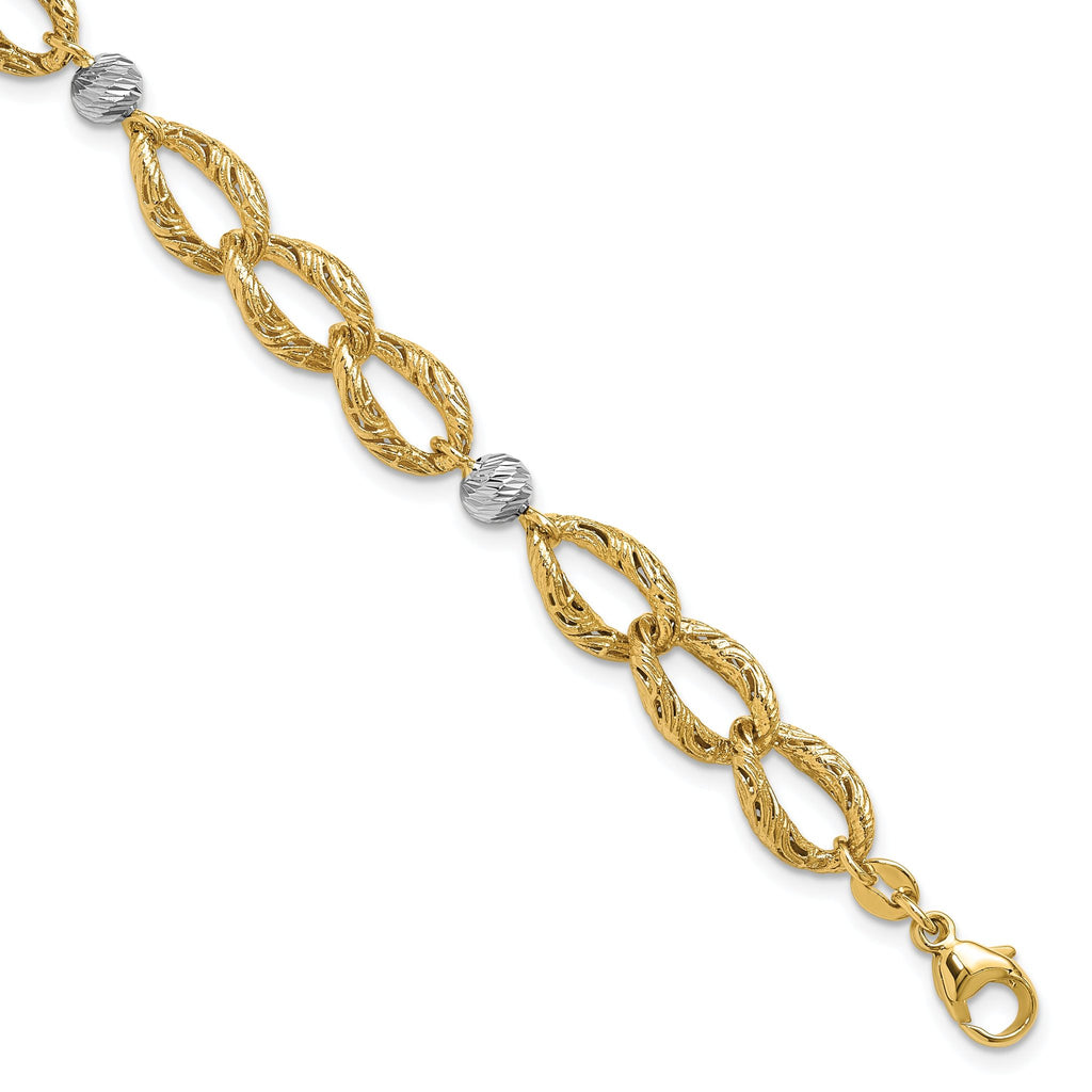 14K Two-tone Polished/Textured/Dia-cut w/2in ext. Bracelet