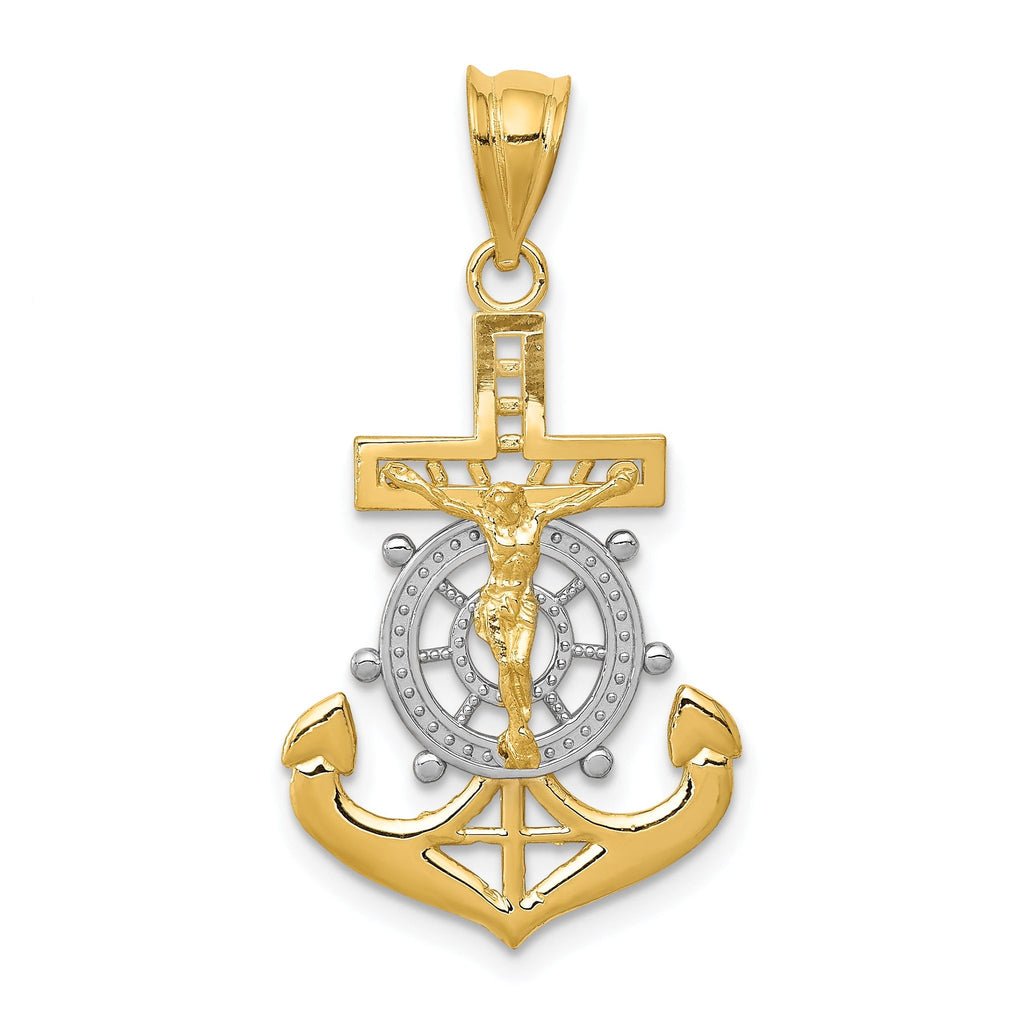 14K Gold Mariners Cross Pendant with Rhodium Diamond-Cut Detailing  30mm