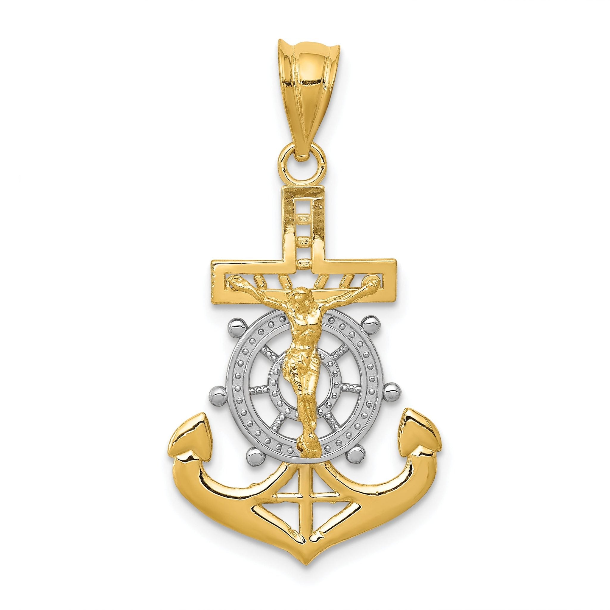 14K Gold Mariners Cross Pendant with Rhodium Diamond-Cut Detailing  30mm