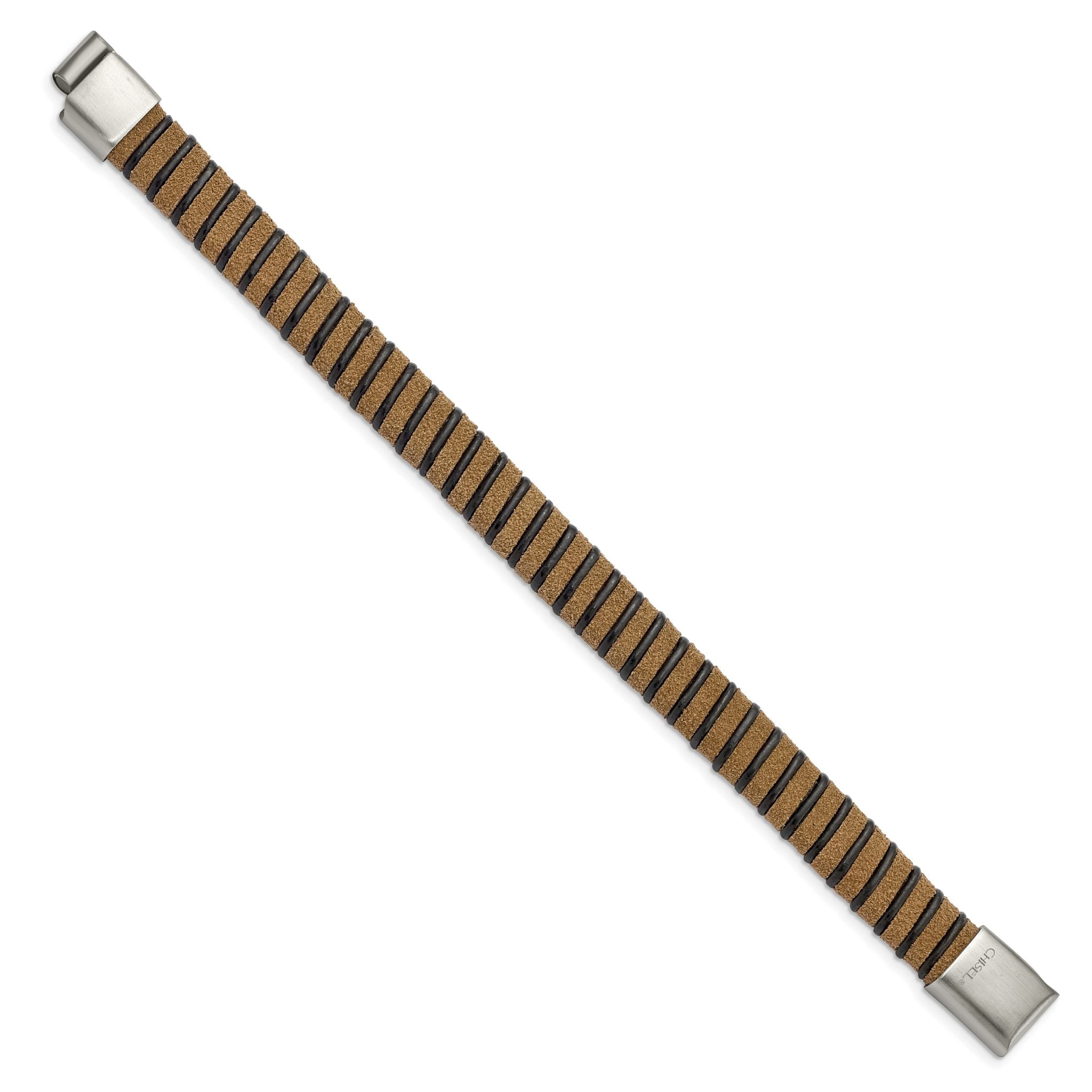 Stainless Steel Brushed Light Brown Suede Black Leather Bracelet for Men