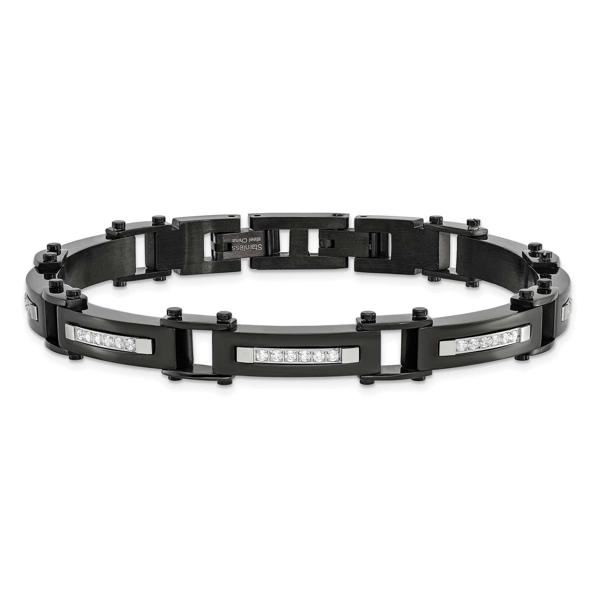 Stainless Steel Polished Black IP-plated with Cubic Zirconia Bracelet with . Extension for Men