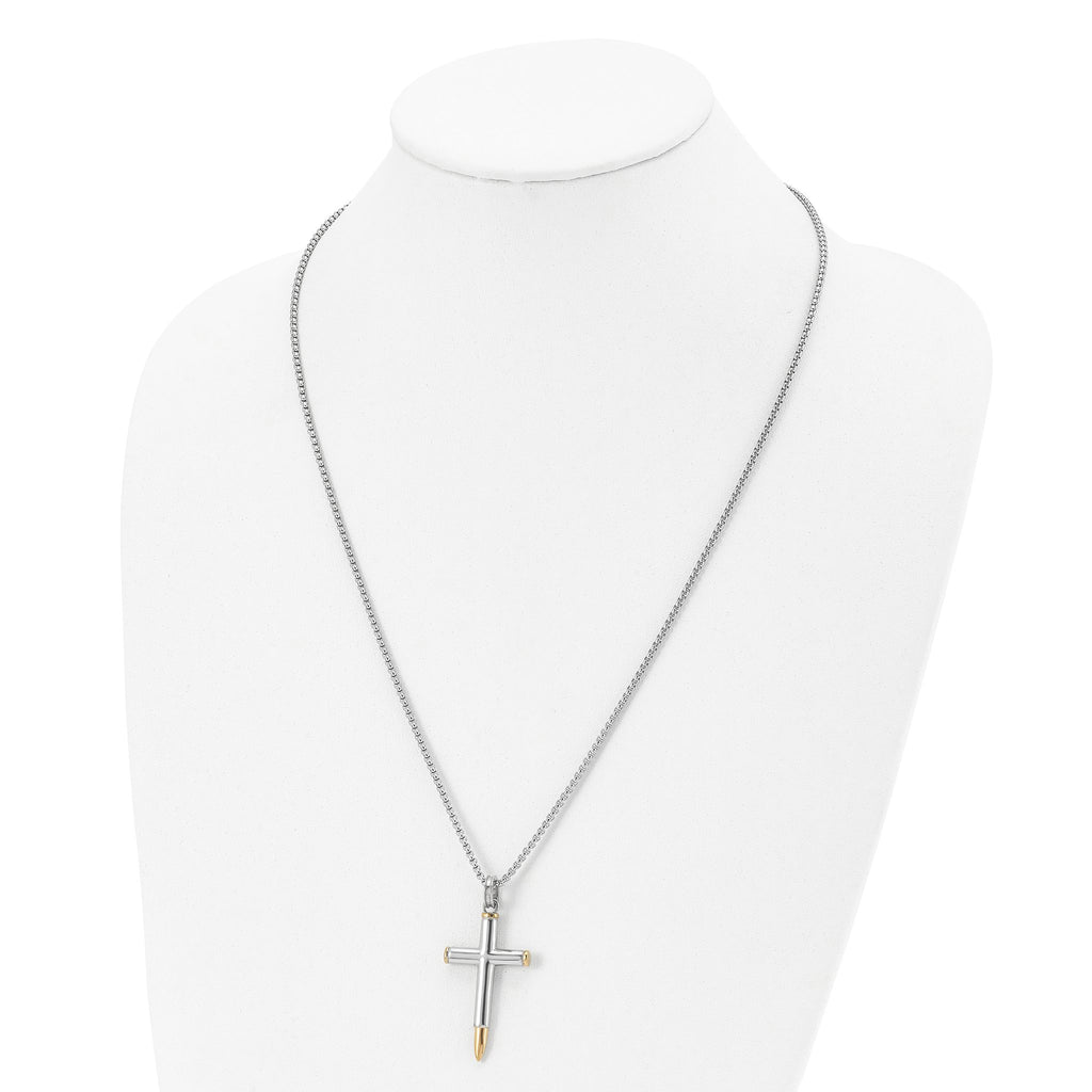 Chisel Stainless Steel Polished Yellow IP-plated Bullet Cross Pendant on a 24 inch Box Chain Necklace