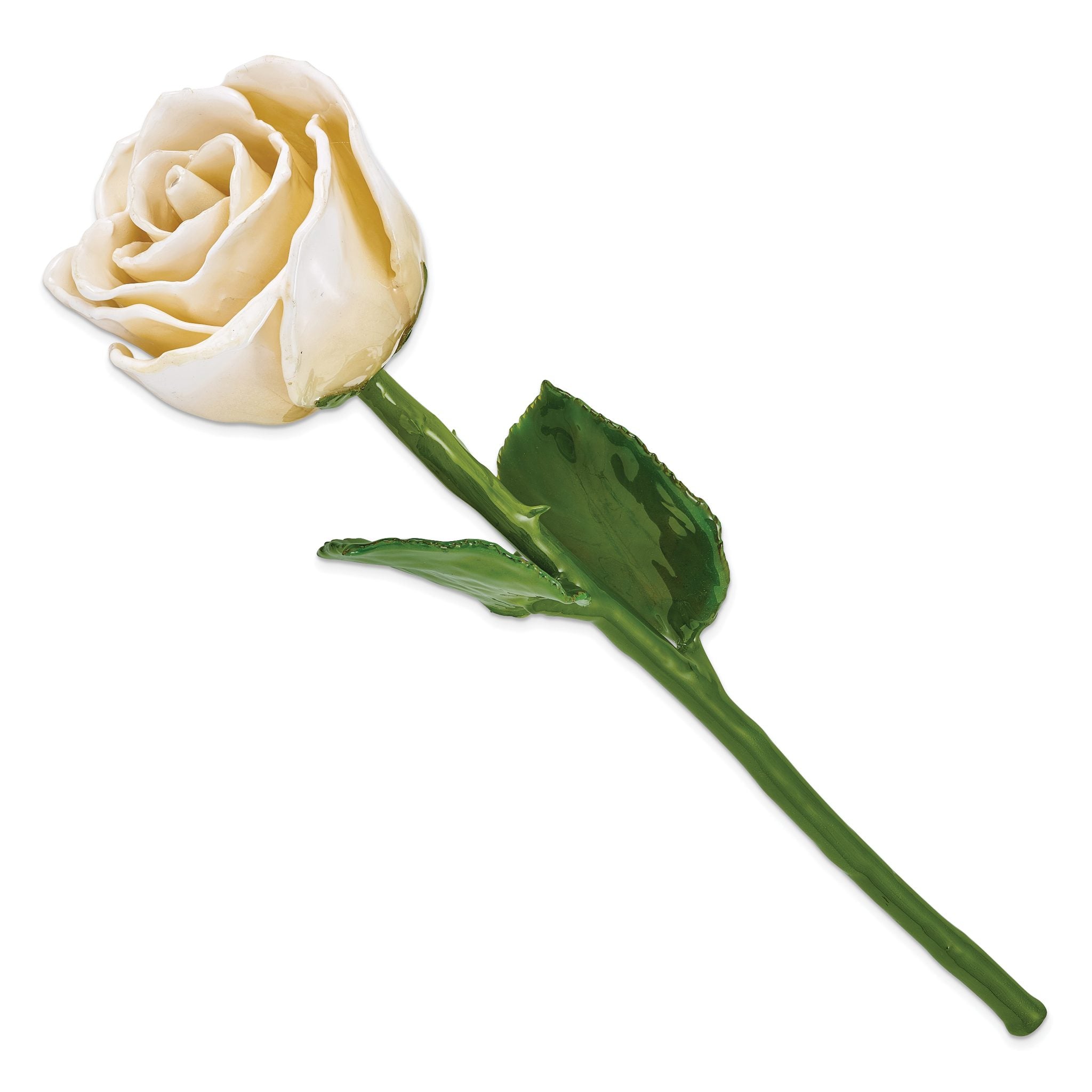 Cream/White Lacquer Dipped Natural Rose with Green Leaves and Stem Secondary image