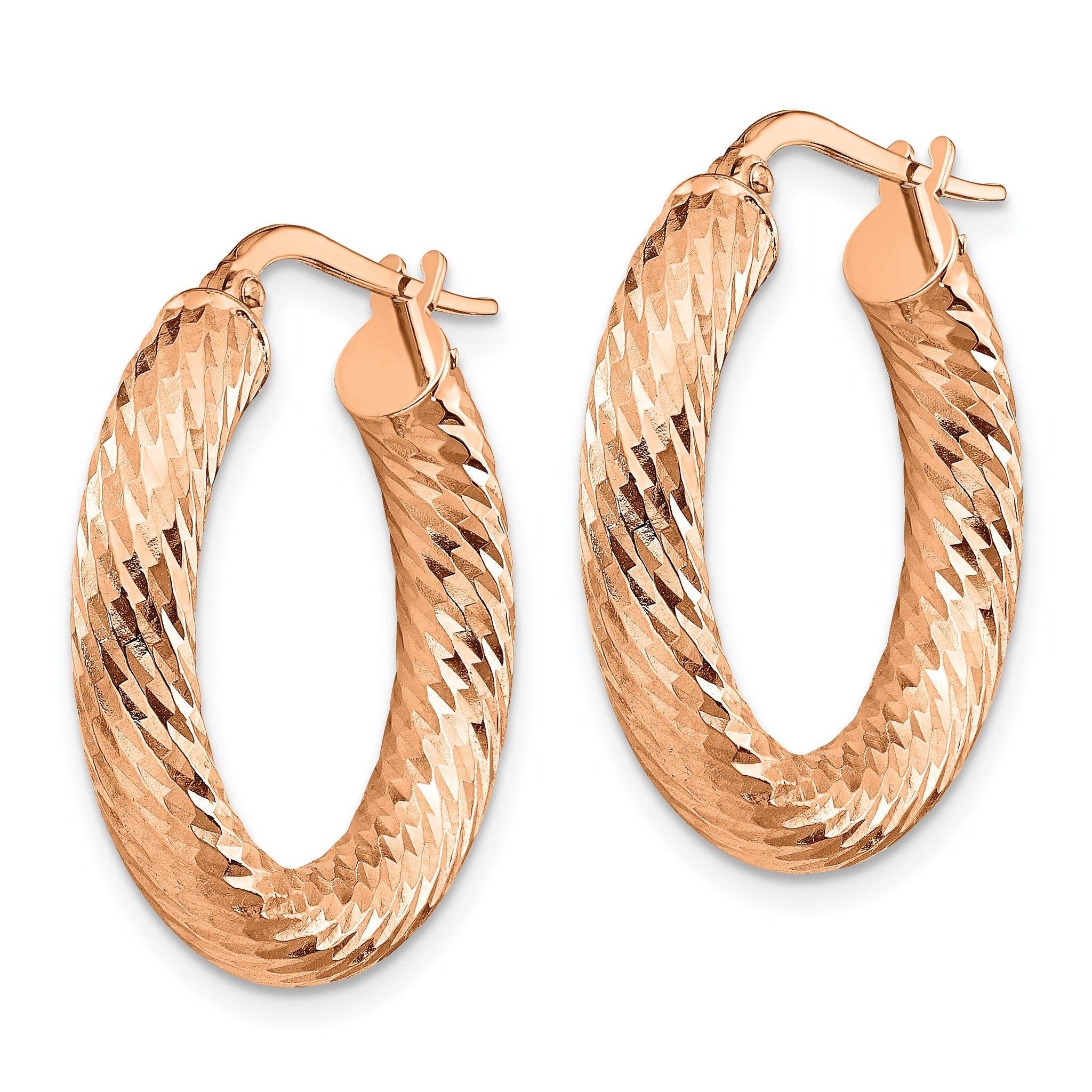 14k 4mm Rose Gold Polished Diamond-cut Round Hoop Earrings Secondary image