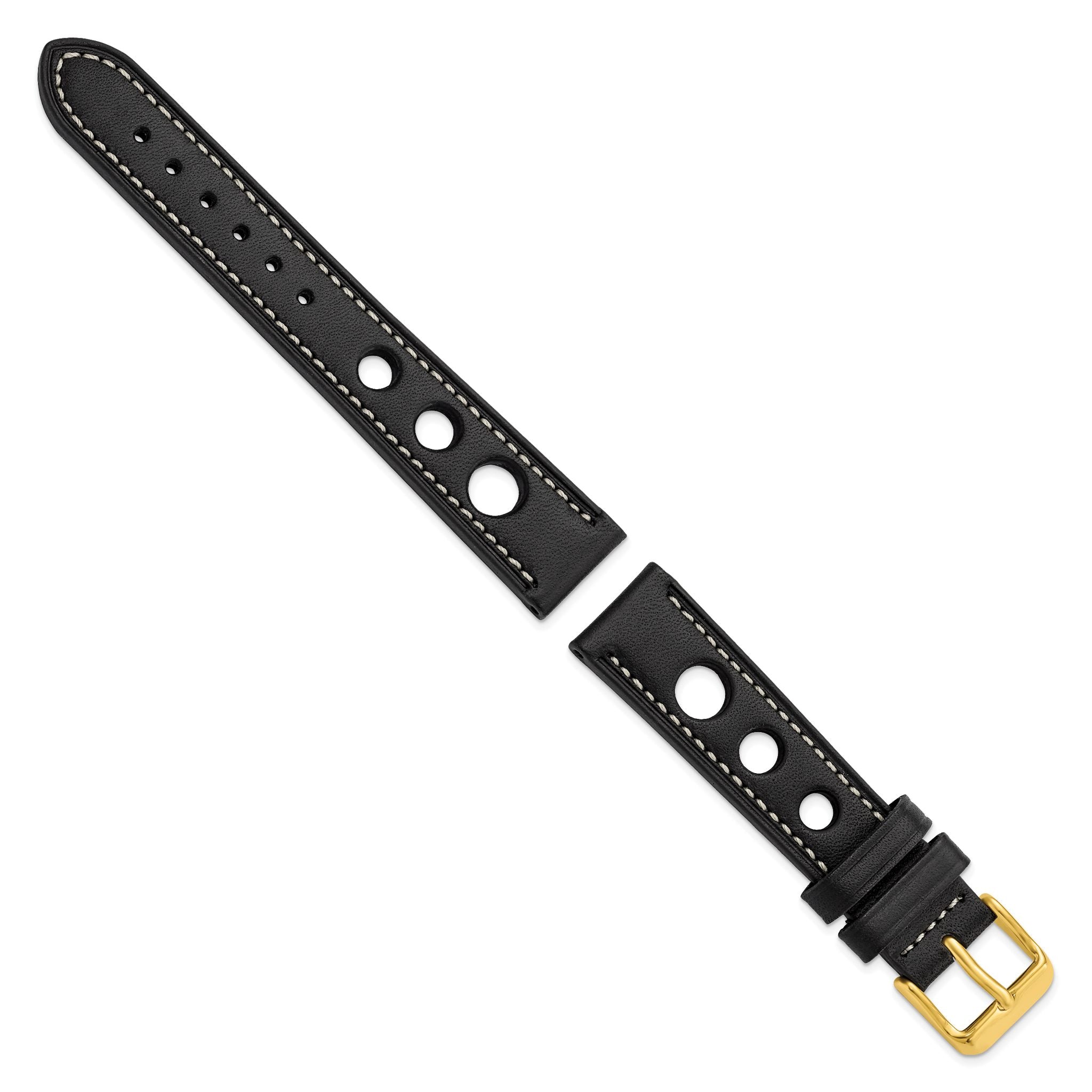 Grand Prix Leather Watch Band in Black with Gold-Tone Buckle, 22mm