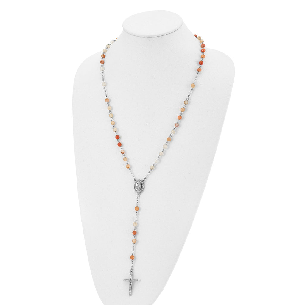 Agate Bead Rosary Necklace in Stainless Steel