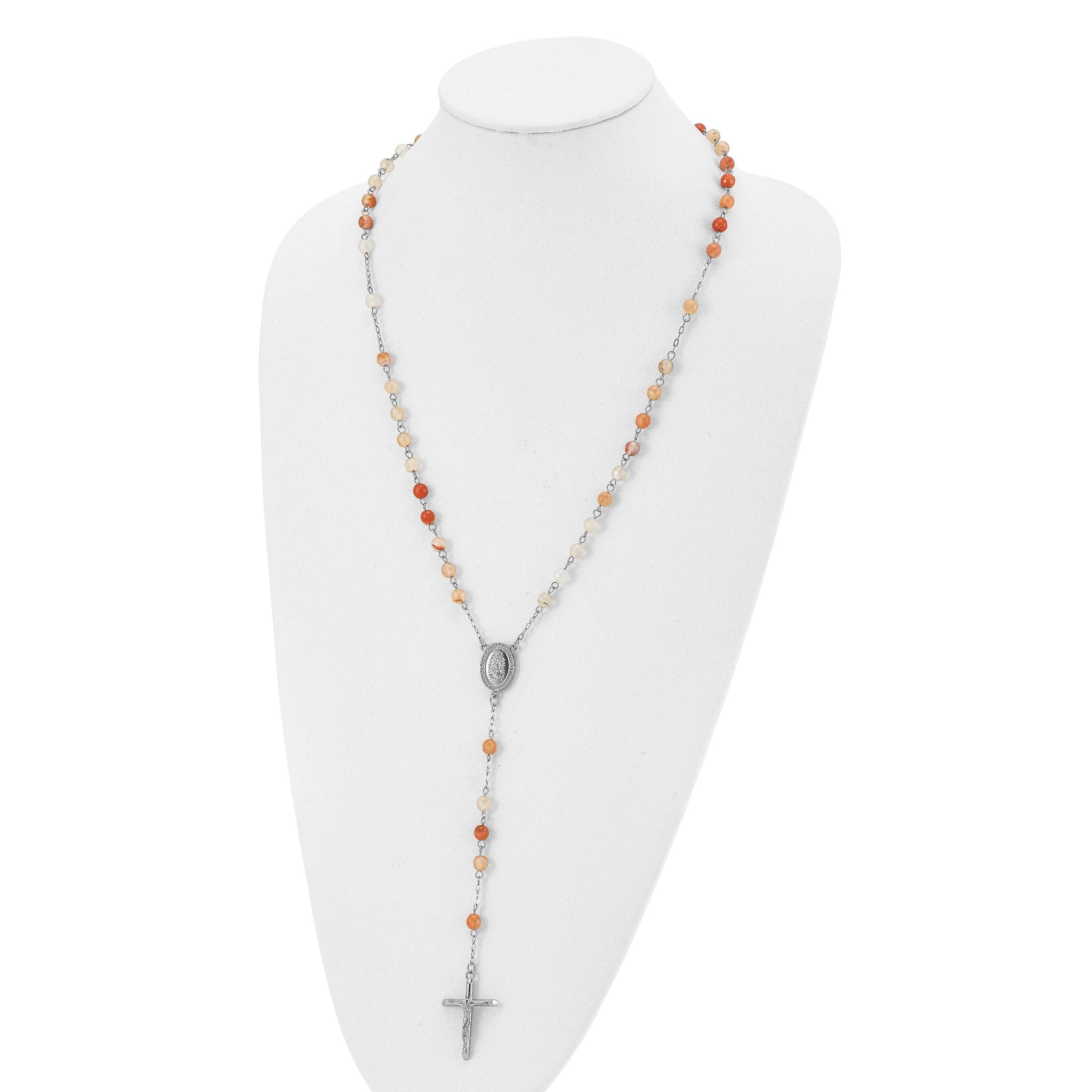 Agate Bead Rosary Necklace in Stainless Steel
