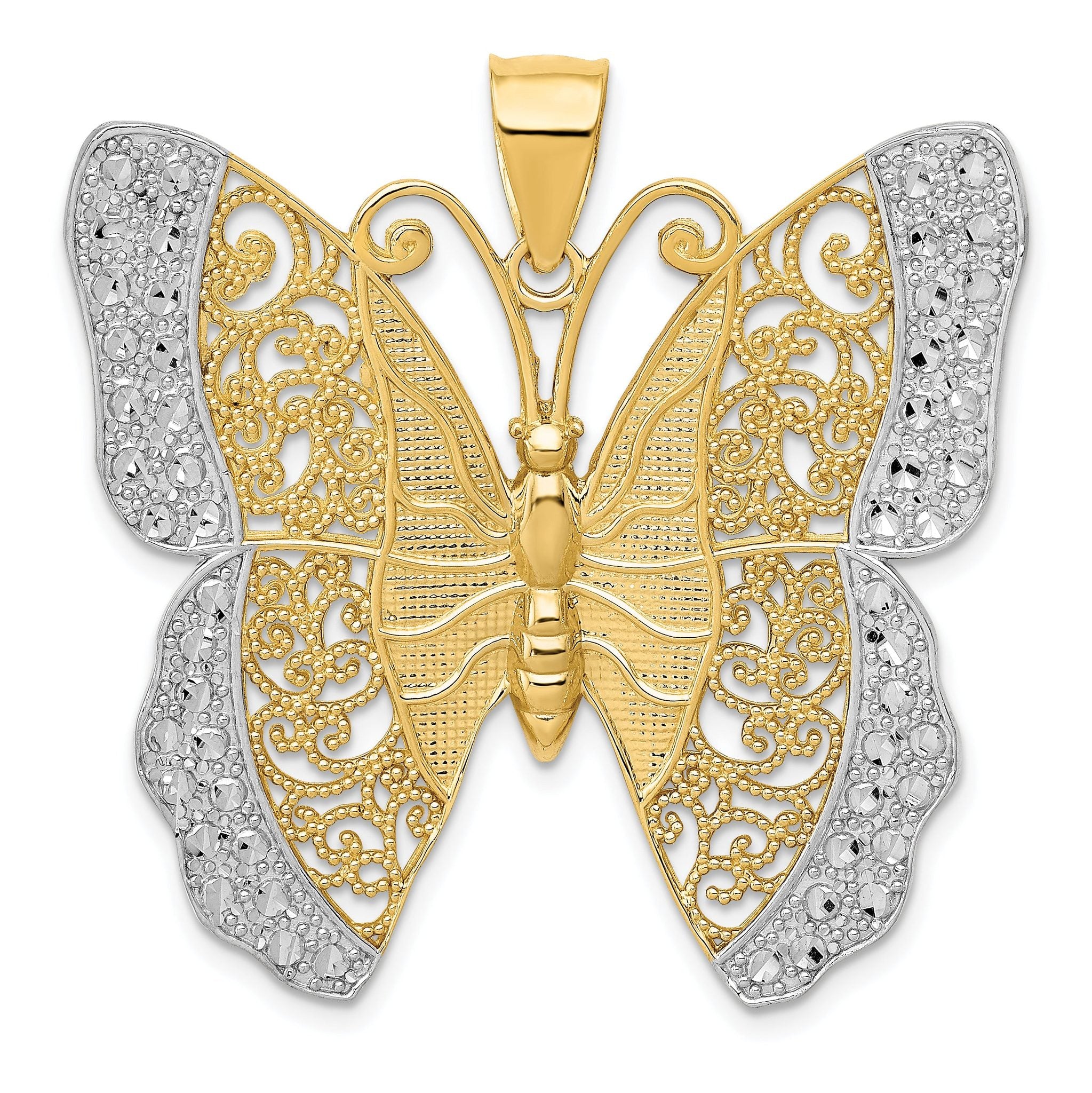 14K Gold Filigree Butterfly Pendant with Rhodium Accents & Diamond-Cut Design