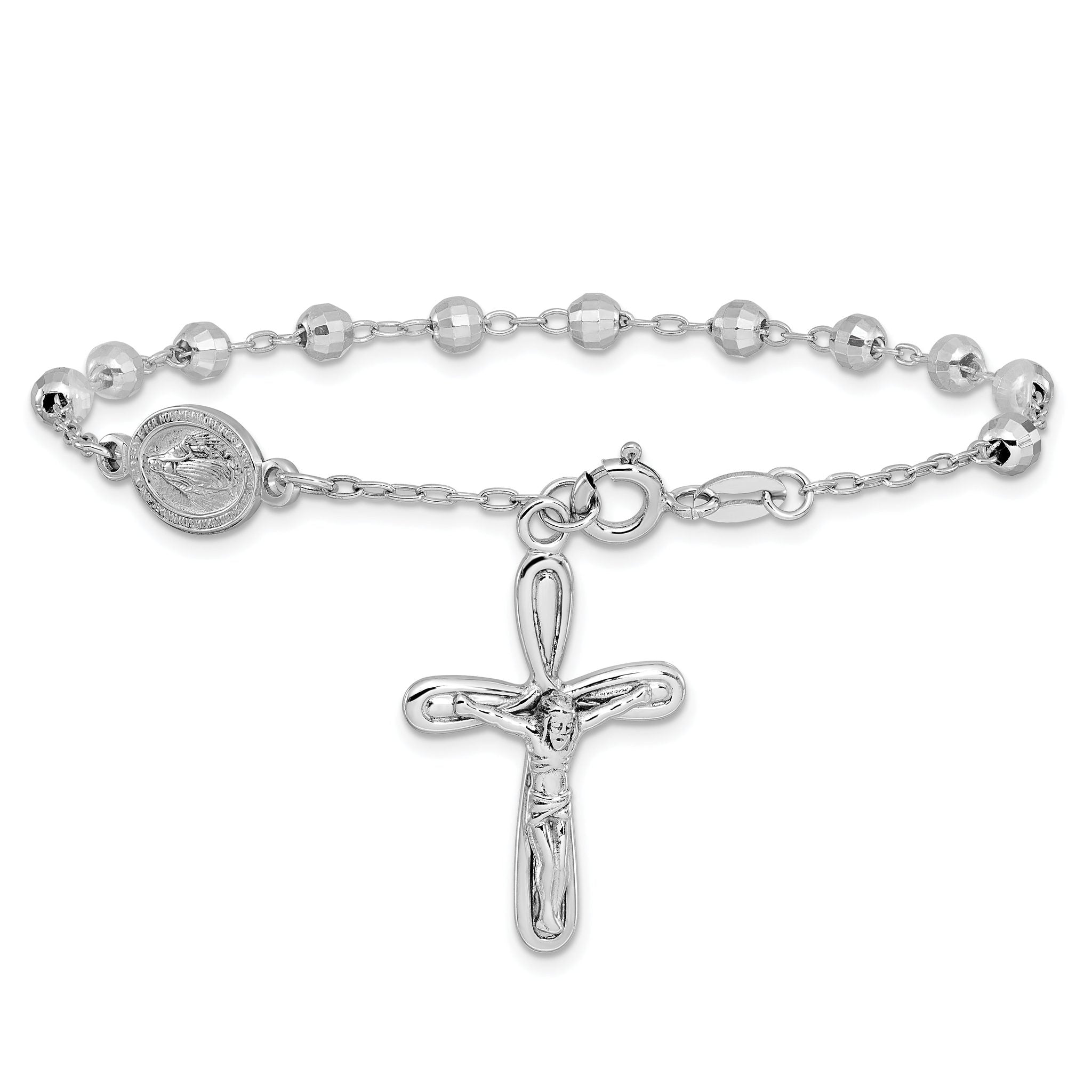 Sterling Silver Rhodium-plated Dangle Cross Beaded Rosary 7.5in Bracelet Secondary image