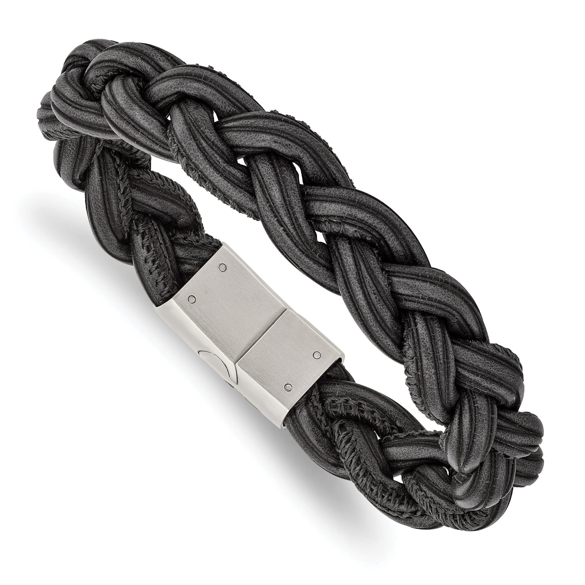Stainless Steel Brushed Black and Grey Braided Leather Bracelet