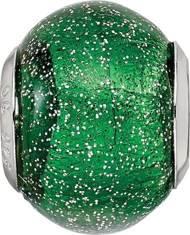 Sterling Silver 925 Green Glitter Glass Bead with Polished Finish