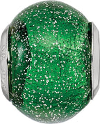 Sterling Silver 925 Green Glitter Glass Bead with Polished Finish