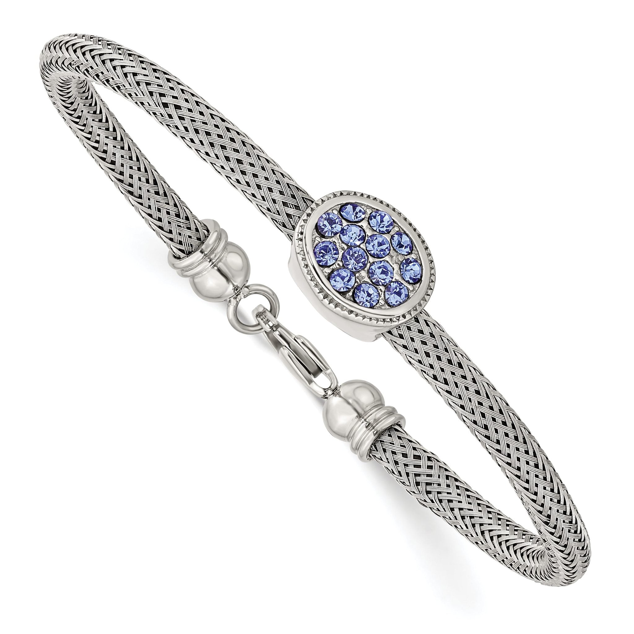 Stainless Steel Polished and Textured Blue Crystal Bracelet for Women