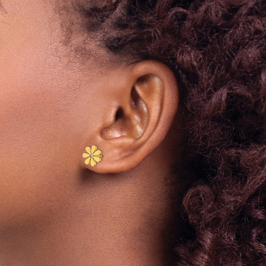 Stainless Steel Gold-Tone Polished Flower Lab-Created Crystal Button Earrings for Women