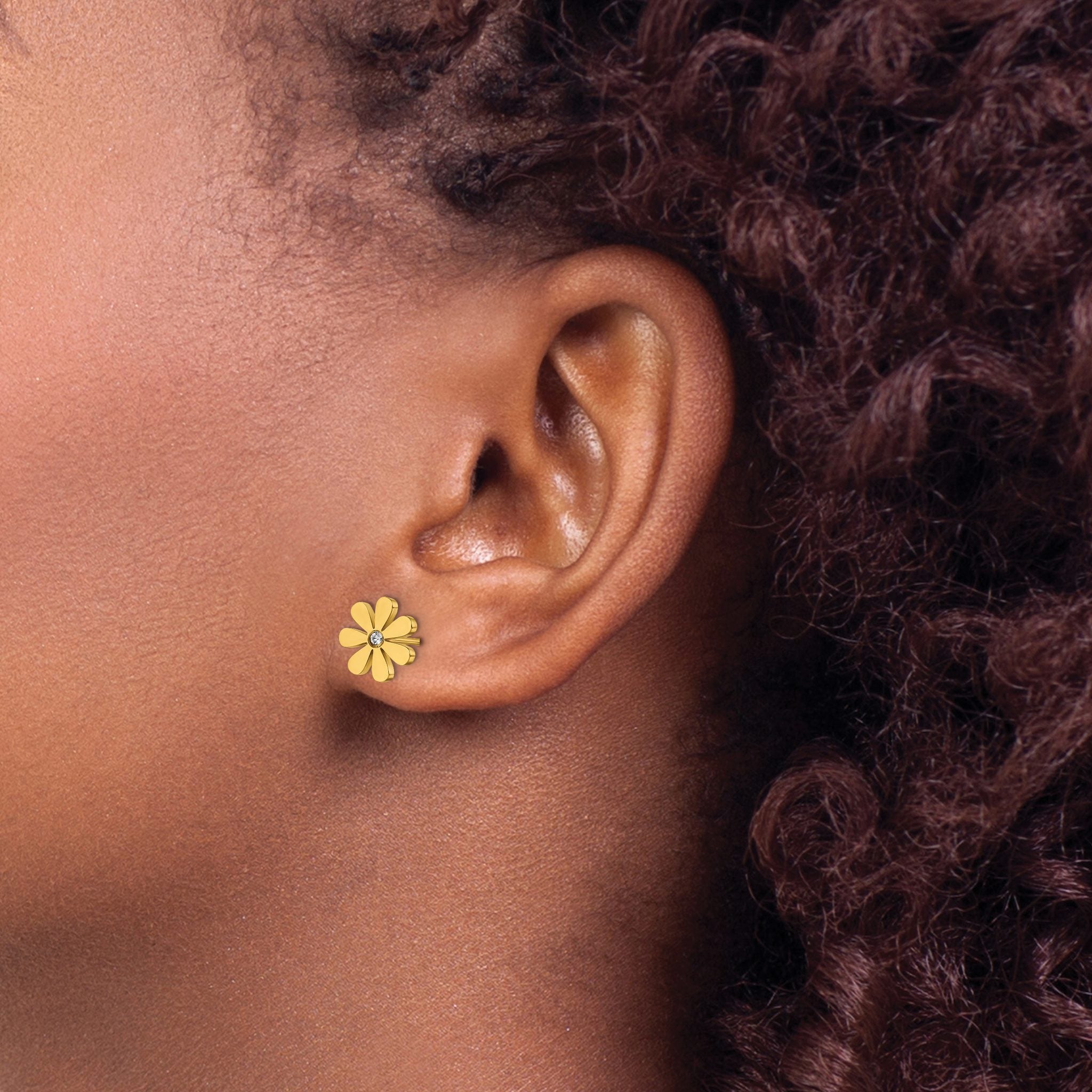 Stainless Steel Gold-Tone Polished Flower Lab-Created Crystal Button Earrings for Women