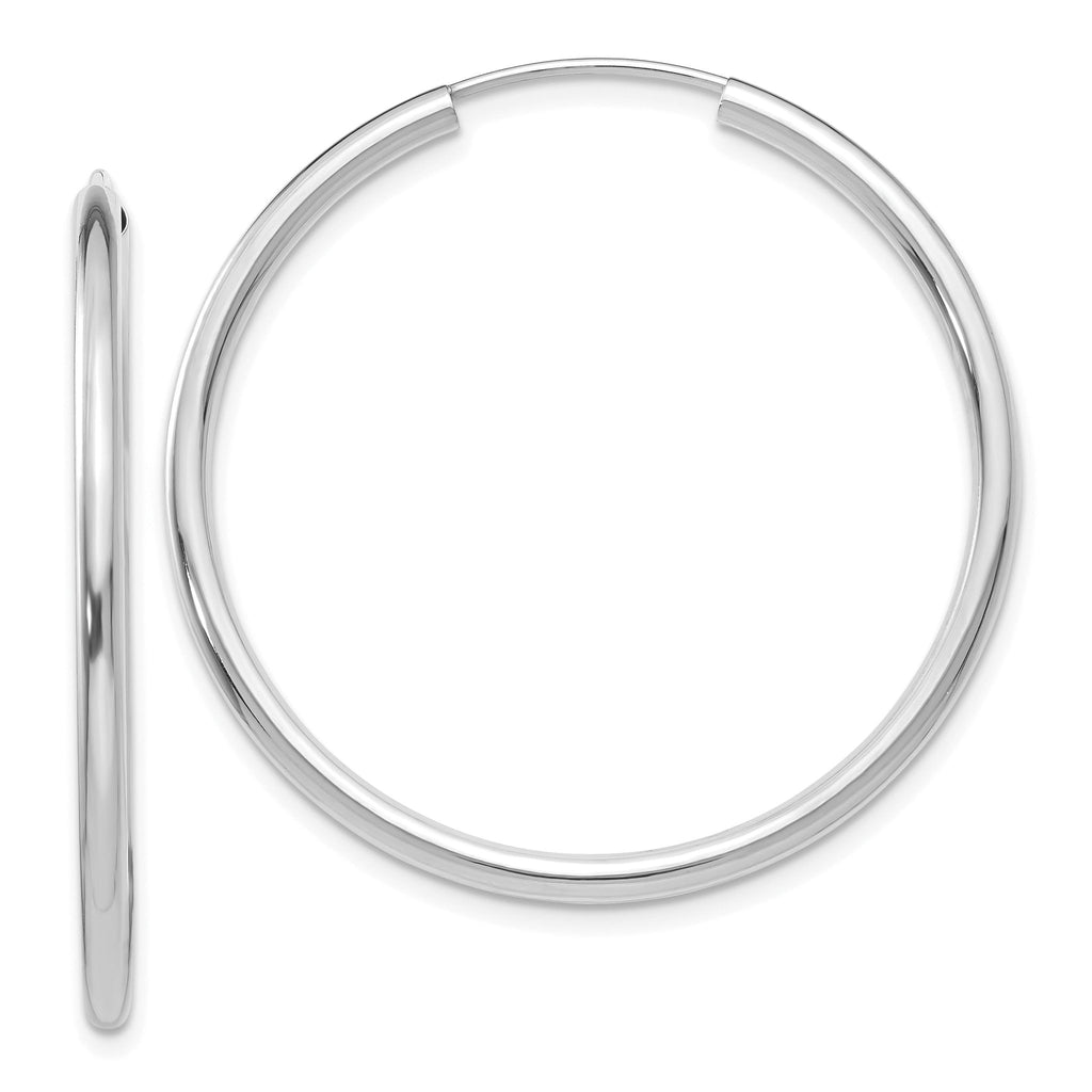 14K White Gold Polished Endless Hoop Earrings 2mm Rhodium Plated 35mm